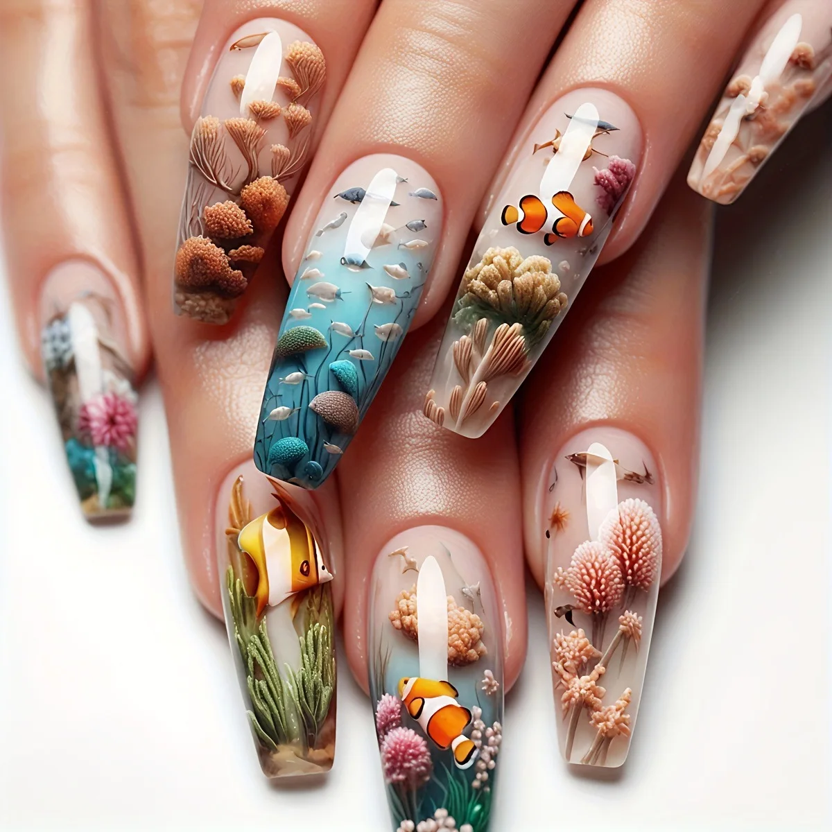 24pcs/set Medium long fake nails for women girls gradient Blue Ocean fish water plans jellyfish flowers press on false nail art Gradient Blue Ocean Press On Nails – 24pcs/set Medium long fake nails for women girls gradient Blue Ocean fish water plans jellyfish flowers press on false nail art