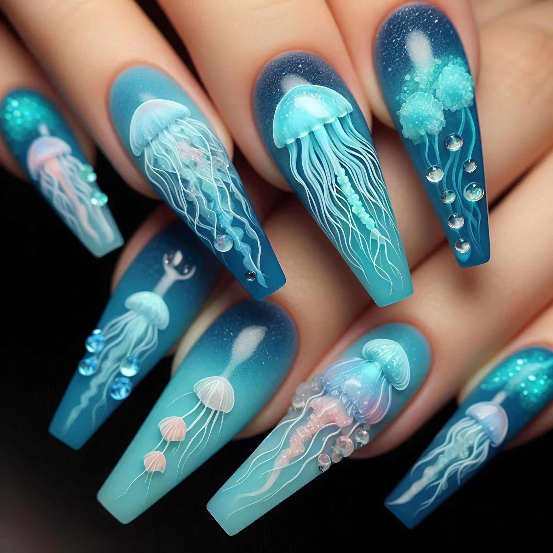24pcs/set Medium long fake nails for women girls gradient Blue Ocean fish water plans jellyfish flowers press on false nail art Gradient Blue Ocean Press On Nails – 24pcs/set Medium long fake nails for women girls gradient Blue Ocean fish water plans jellyfish flowers press on false nail art