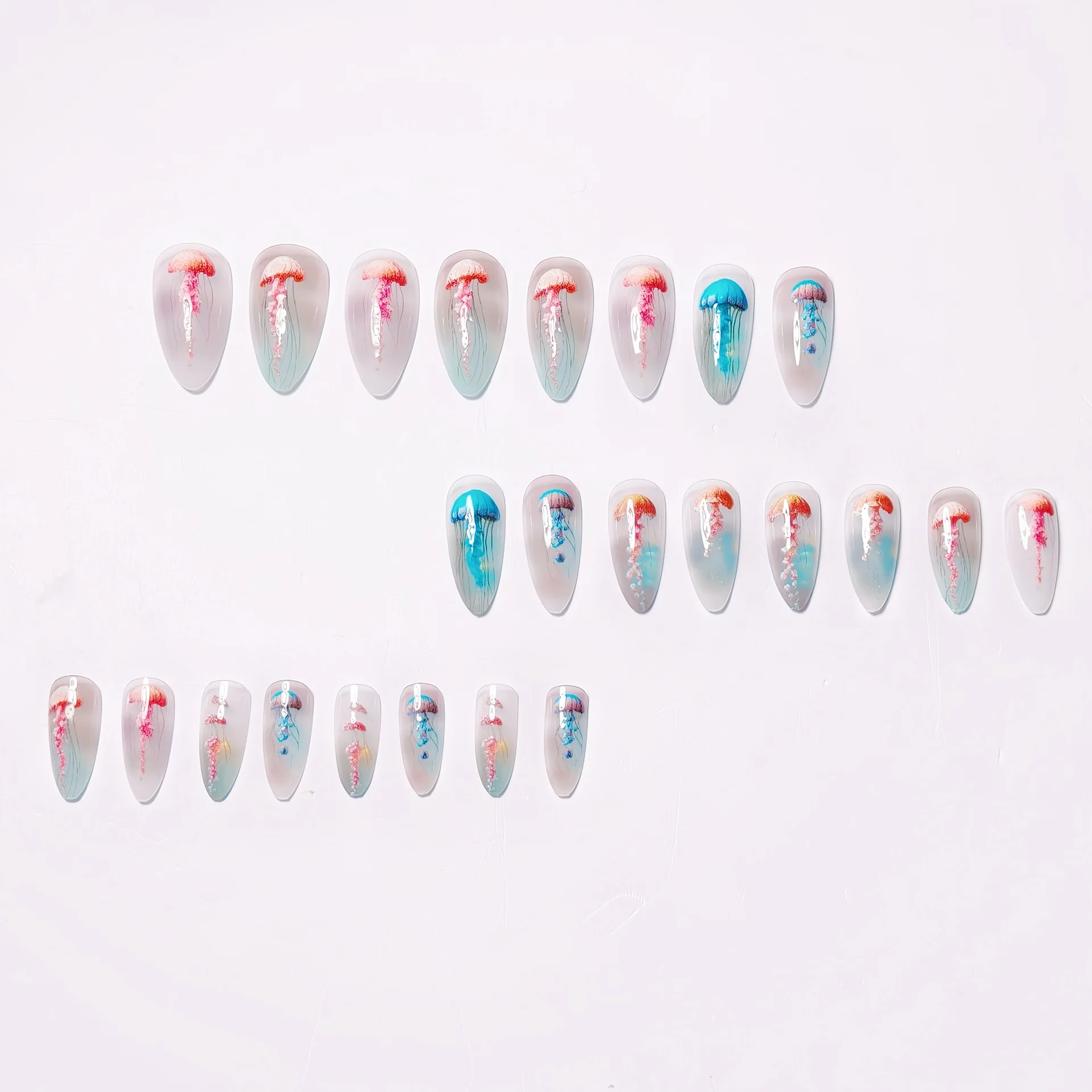 24pcs/set Medium long fake nails for women girls gradient Blue Ocean fish water plans jellyfish flowers press on false nail art Gradient Blue Ocean Press On Nails – 24pcs/set Medium long fake nails for women girls gradient Blue Ocean fish water plans jellyfish flowers press on false nail art
