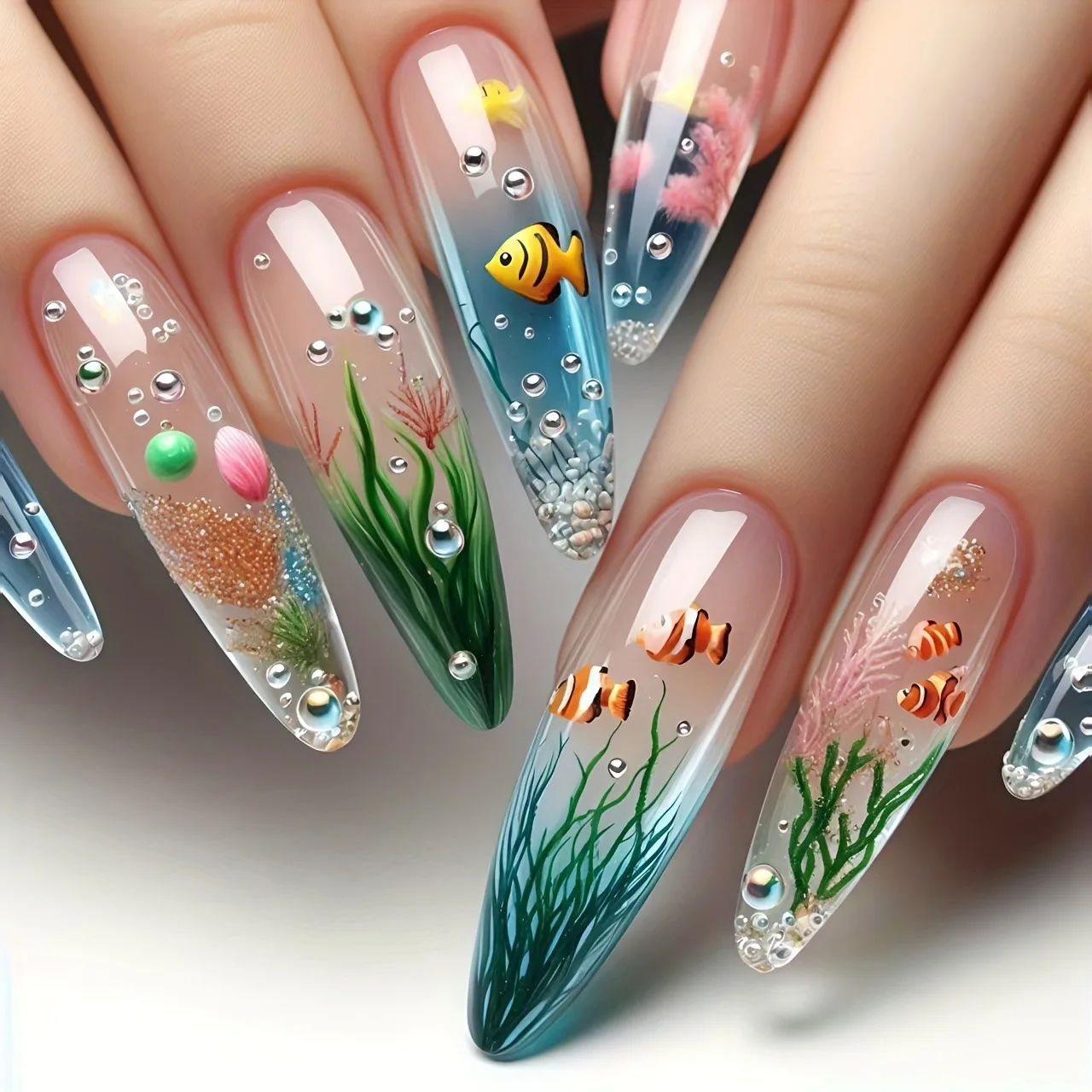 24pcs/set Medium long fake nails for women girls gradient Blue Ocean fish water plans jellyfish flowers press on false nail art Gradient Blue Ocean Press On Nails – 24pcs/set Medium long fake nails for women girls gradient Blue Ocean fish water plans jellyfish flowers press on false nail art