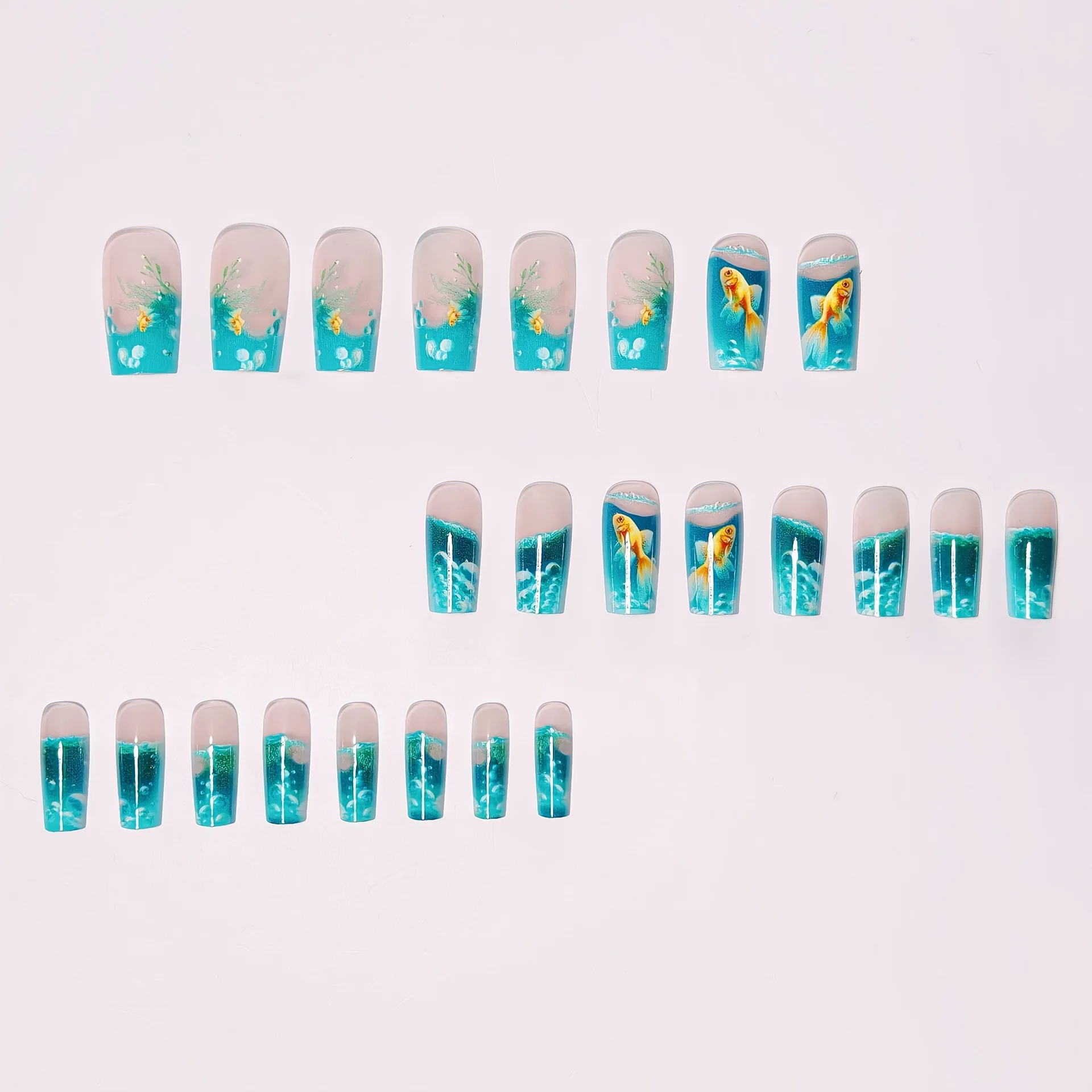 24pcs/set Medium long fake nails for women girls gradient Blue Ocean fish water plans jellyfish flowers press on false nail art Gradient Blue Ocean Press On Nails – 24pcs/set Medium long fake nails for women girls gradient Blue Ocean fish water plans jellyfish flowers press on false nail art