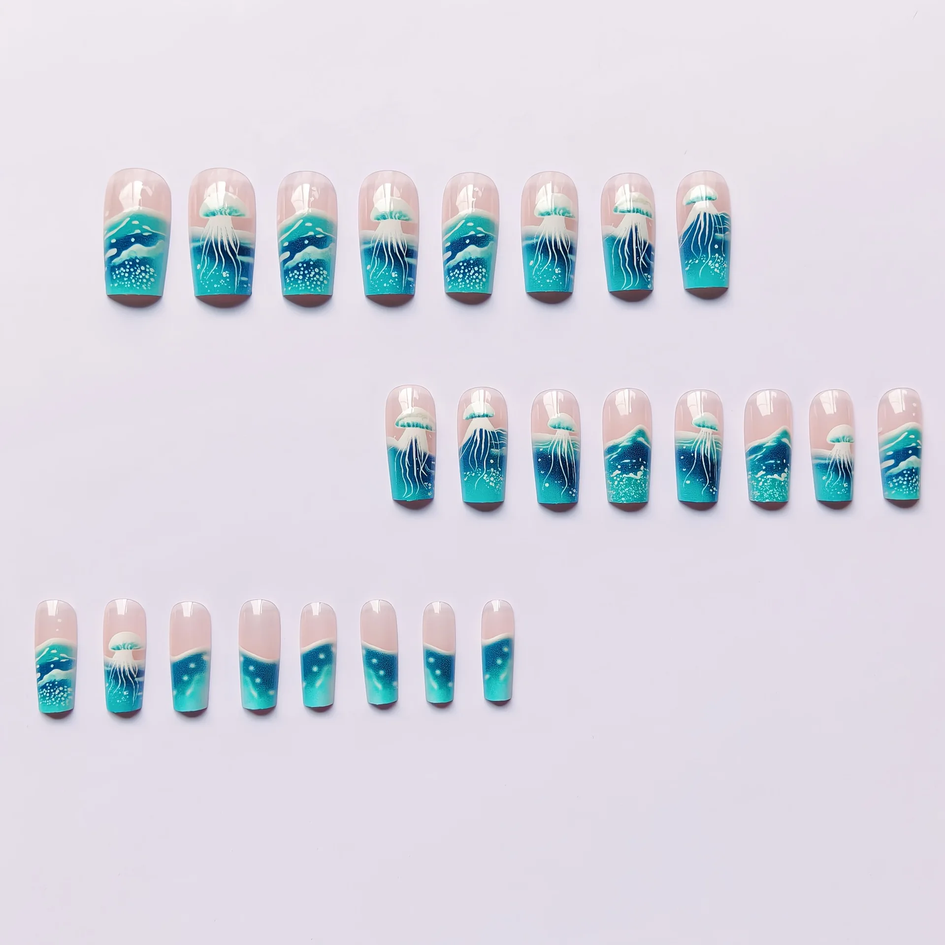 24pcs/set Medium long fake nails for women girls gradient Blue Ocean fish water plans jellyfish flowers press on false nail art Gradient Blue Ocean Press On Nails – 24pcs/set Medium long fake nails for women girls gradient Blue Ocean fish water plans jellyfish flowers press on false nail art