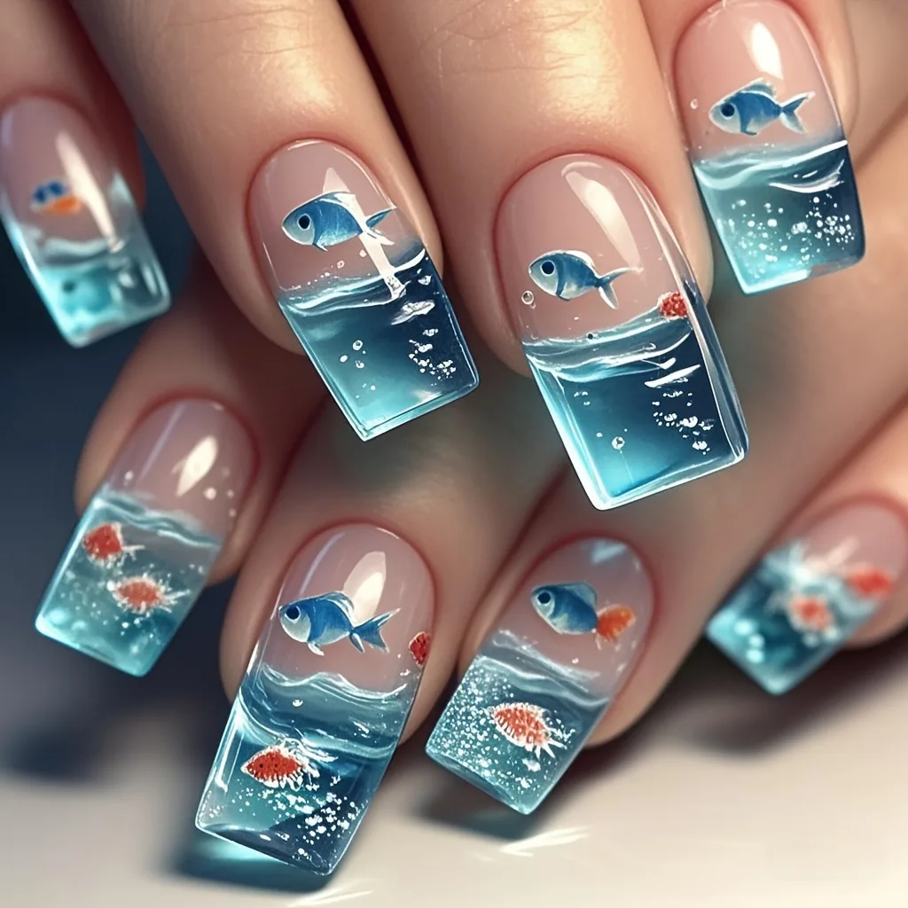 24pcs/set Medium long fake nails for women girls gradient Blue Ocean fish water plans jellyfish flowers press on false nail art Gradient Blue Ocean Press On Nails – 24pcs/set Medium long fake nails for women girls gradient Blue Ocean fish water plans jellyfish flowers press on false nail art