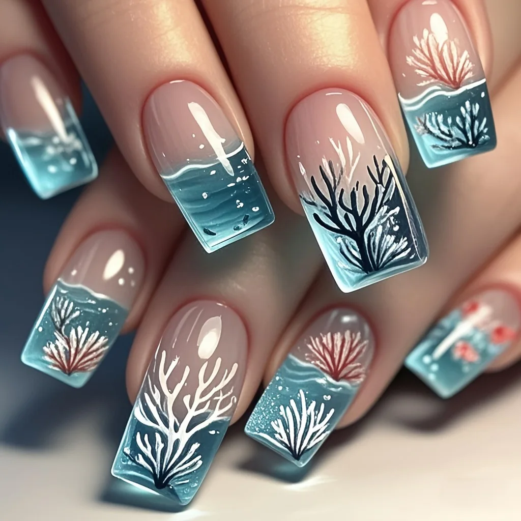 24pcs/set Medium long fake nails for women girls gradient Blue Ocean fish water plans jellyfish flowers press on false nail art Gradient Blue Ocean Press On Nails – 24pcs/set Medium long fake nails for women girls gradient Blue Ocean fish water plans jellyfish flowers press on false nail art