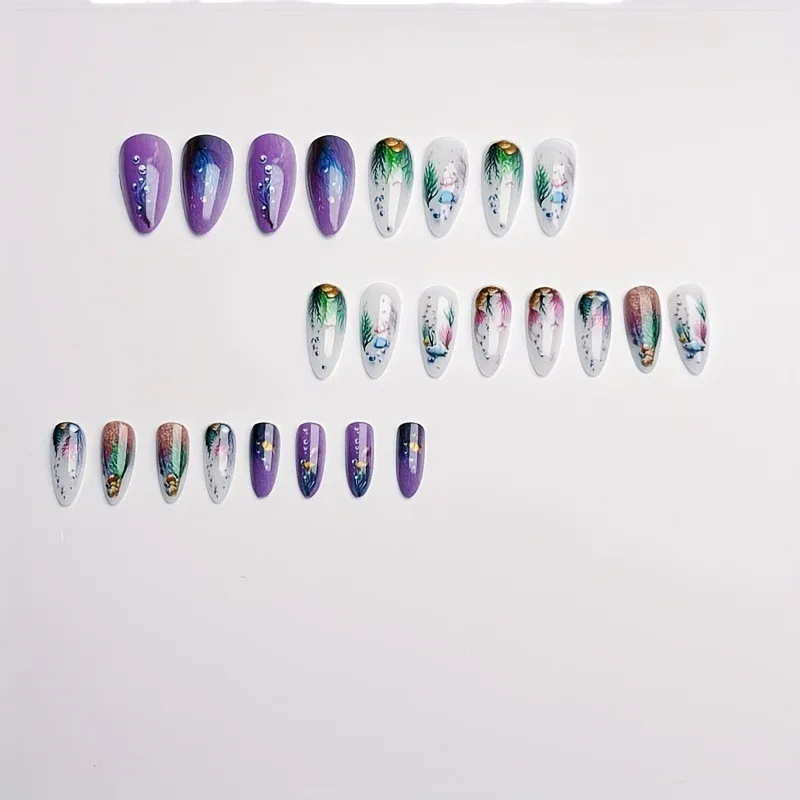 24pcs/set Medium long fake nails for women girls gradient Blue Ocean fish water plans jellyfish flowers press on false nail art Gradient Blue Ocean Press On Nails – 24pcs/set Medium long fake nails for women girls gradient Blue Ocean fish water plans jellyfish flowers press on false nail art