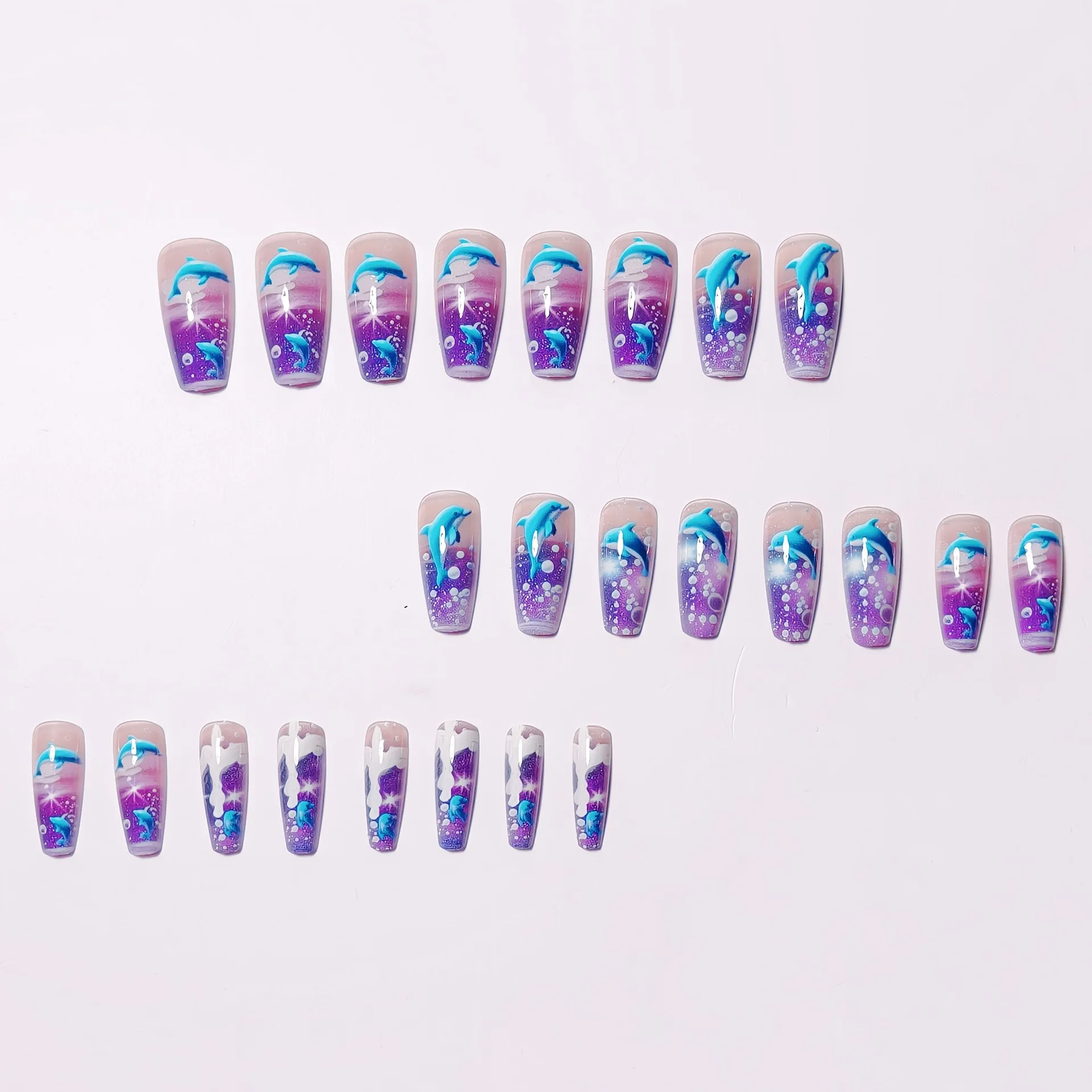 24pcs/set Medium long fake nails for women girls gradient Blue Ocean fish water plans jellyfish flowers press on false nail art Gradient Blue Ocean Press On Nails – 24pcs/set Medium long fake nails for women girls gradient Blue Ocean fish water plans jellyfish flowers press on false nail art