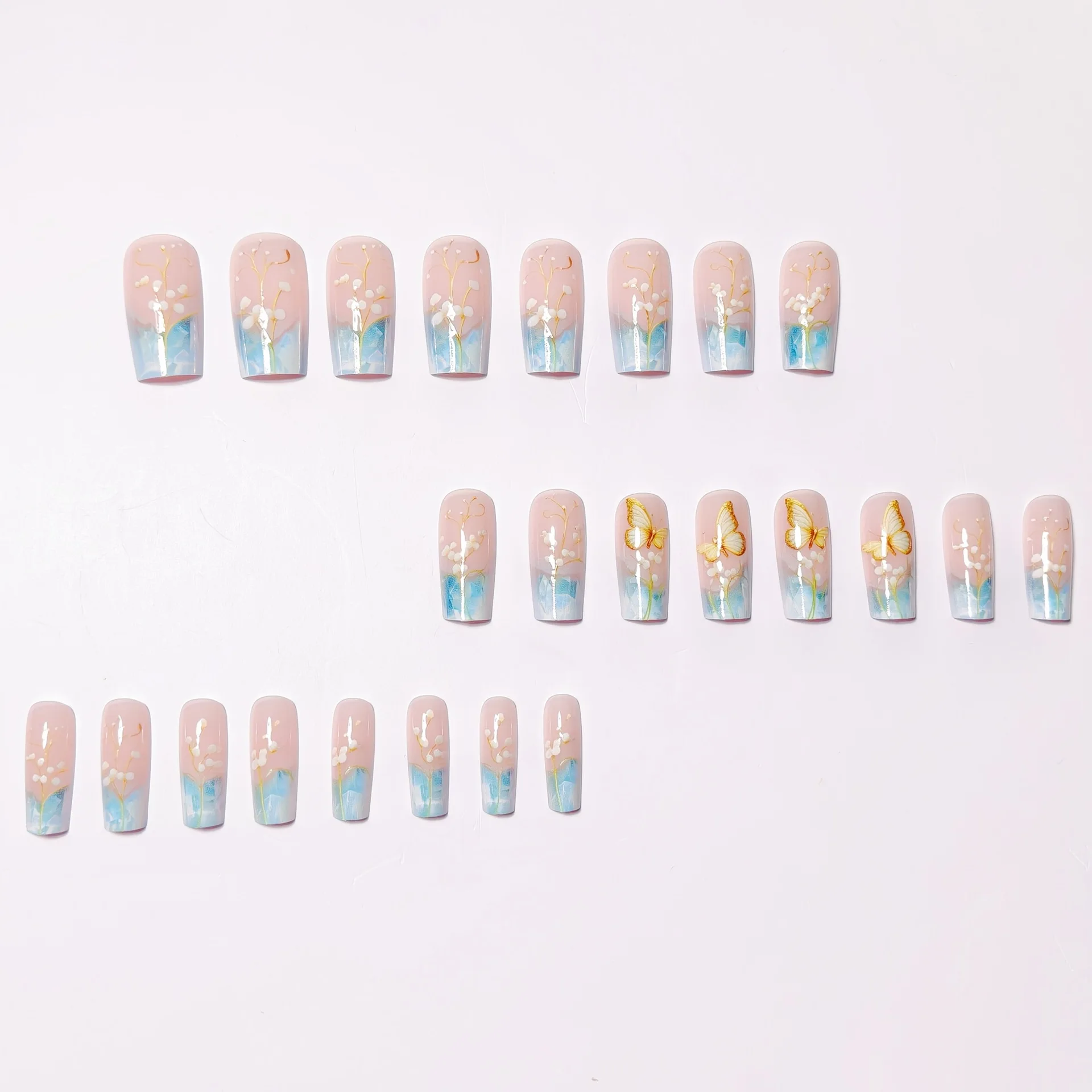 24pcs/set Medium long fake nails for women girls gradient Blue Ocean fish water plans jellyfish flowers press on false nail art Gradient Blue Ocean Press On Nails – 24pcs/set Medium long fake nails for women girls gradient Blue Ocean fish water plans jellyfish flowers press on false nail art