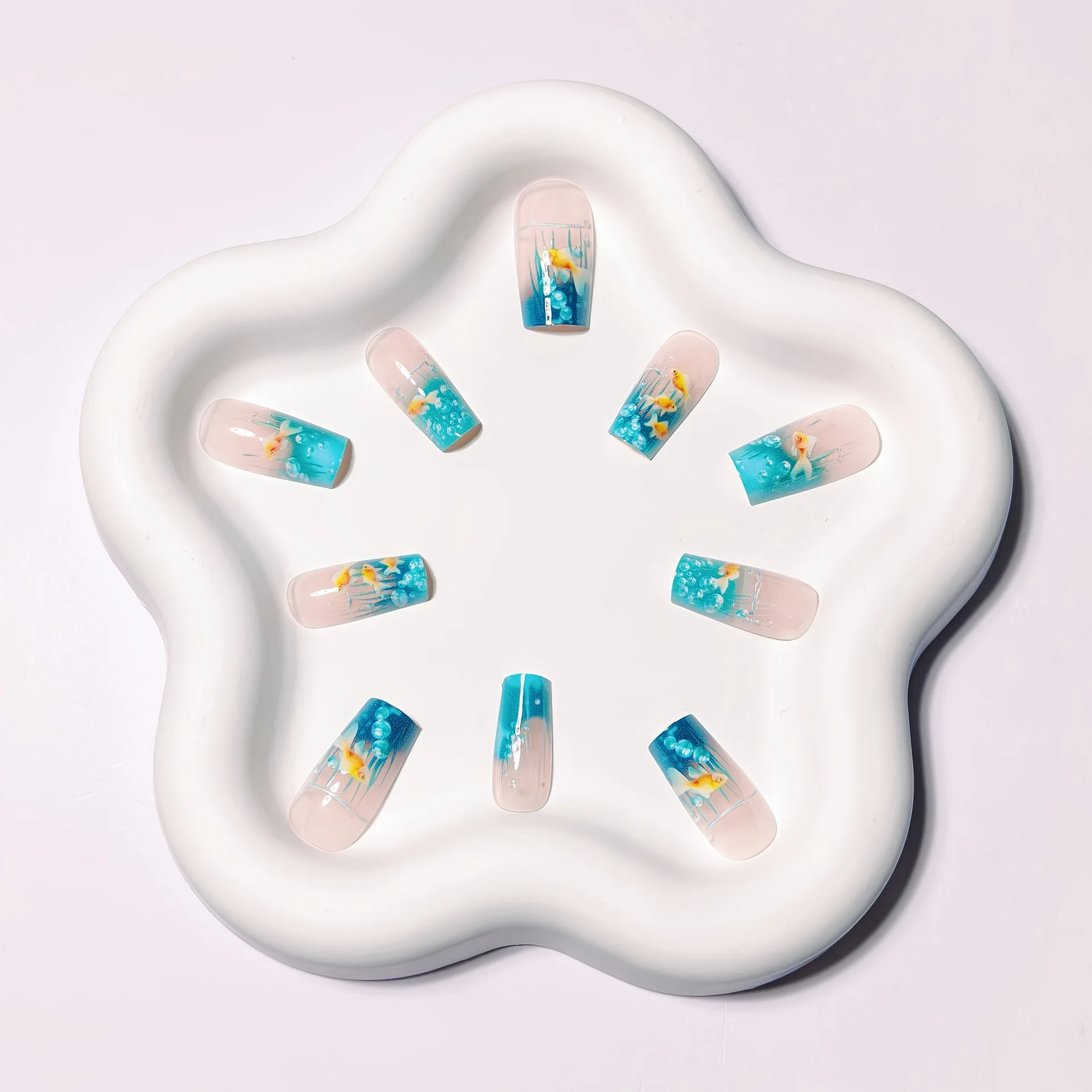 24pcs/set Medium long fake nails for women girls gradient Blue Ocean fish water plans jellyfish flowers press on false nail art Gradient Blue Ocean Press On Nails – 24pcs/set Medium long fake nails for women girls gradient Blue Ocean fish water plans jellyfish flowers press on false nail art