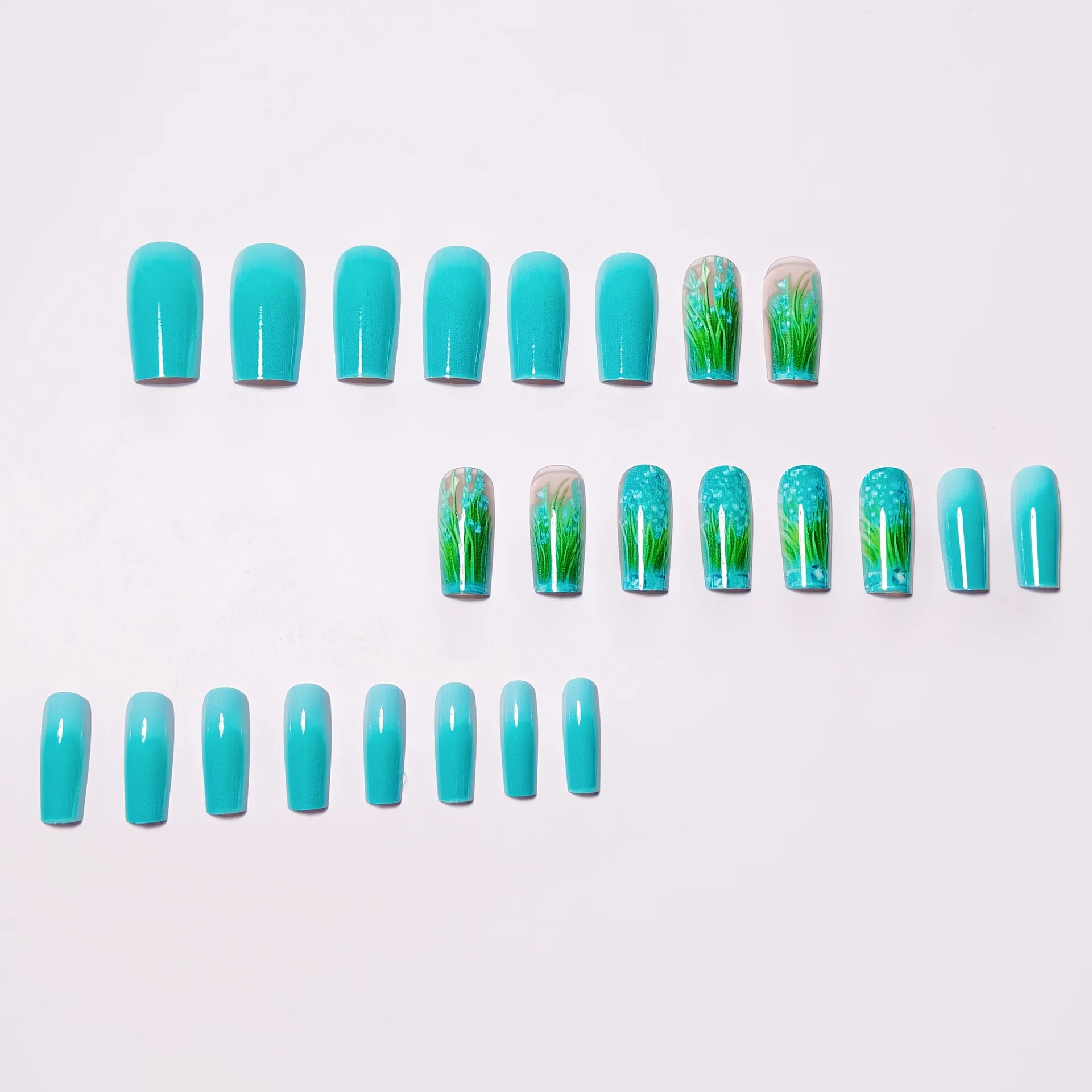 24pcs/set Medium long fake nails for women girls gradient Blue Ocean fish water plans jellyfish flowers press on false nail art Gradient Blue Ocean Press On Nails – 24pcs/set Medium long fake nails for women girls gradient Blue Ocean fish water plans jellyfish flowers press on false nail art