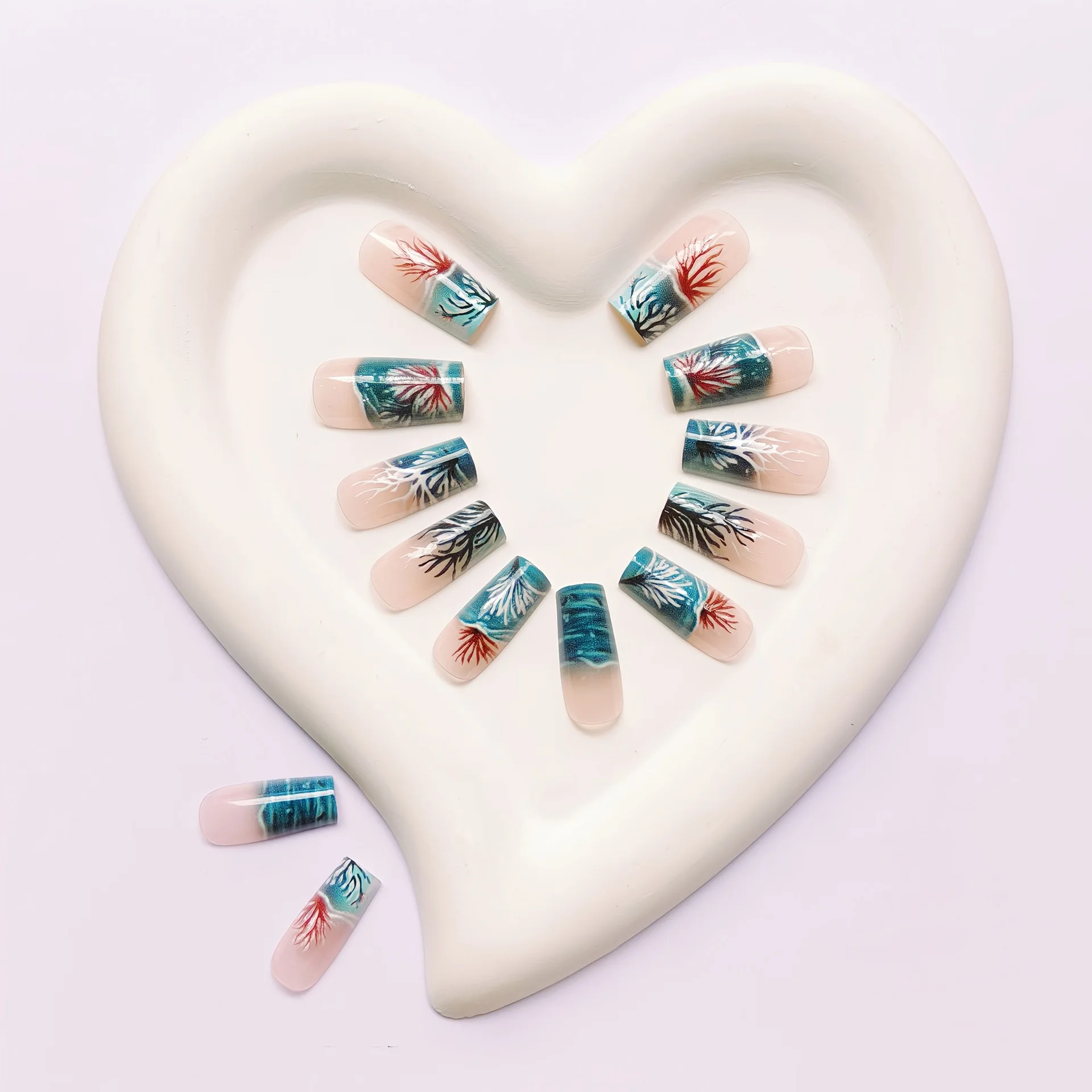24pcs/set Medium long fake nails for women girls gradient Blue Ocean fish water plans jellyfish flowers press on false nail art Gradient Blue Ocean Press On Nails – 24pcs/set Medium long fake nails for women girls gradient Blue Ocean fish water plans jellyfish flowers press on false nail art