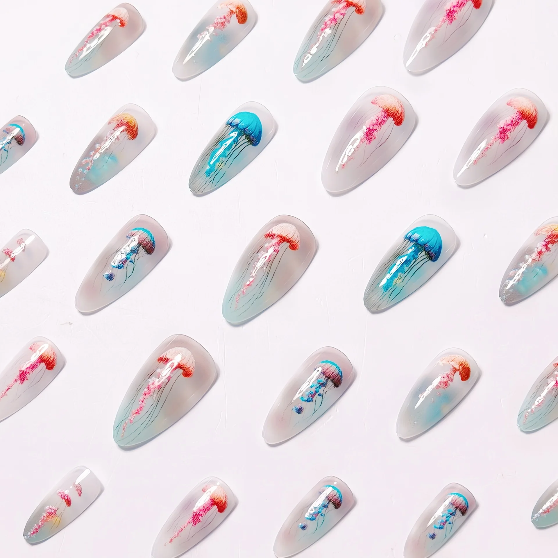 24pcs/set Medium long fake nails for women girls gradient Blue Ocean fish water plans jellyfish flowers press on false nail art Gradient Blue Ocean Press On Nails – 24pcs/set Medium long fake nails for women girls gradient Blue Ocean fish water plans jellyfish flowers press on false nail art