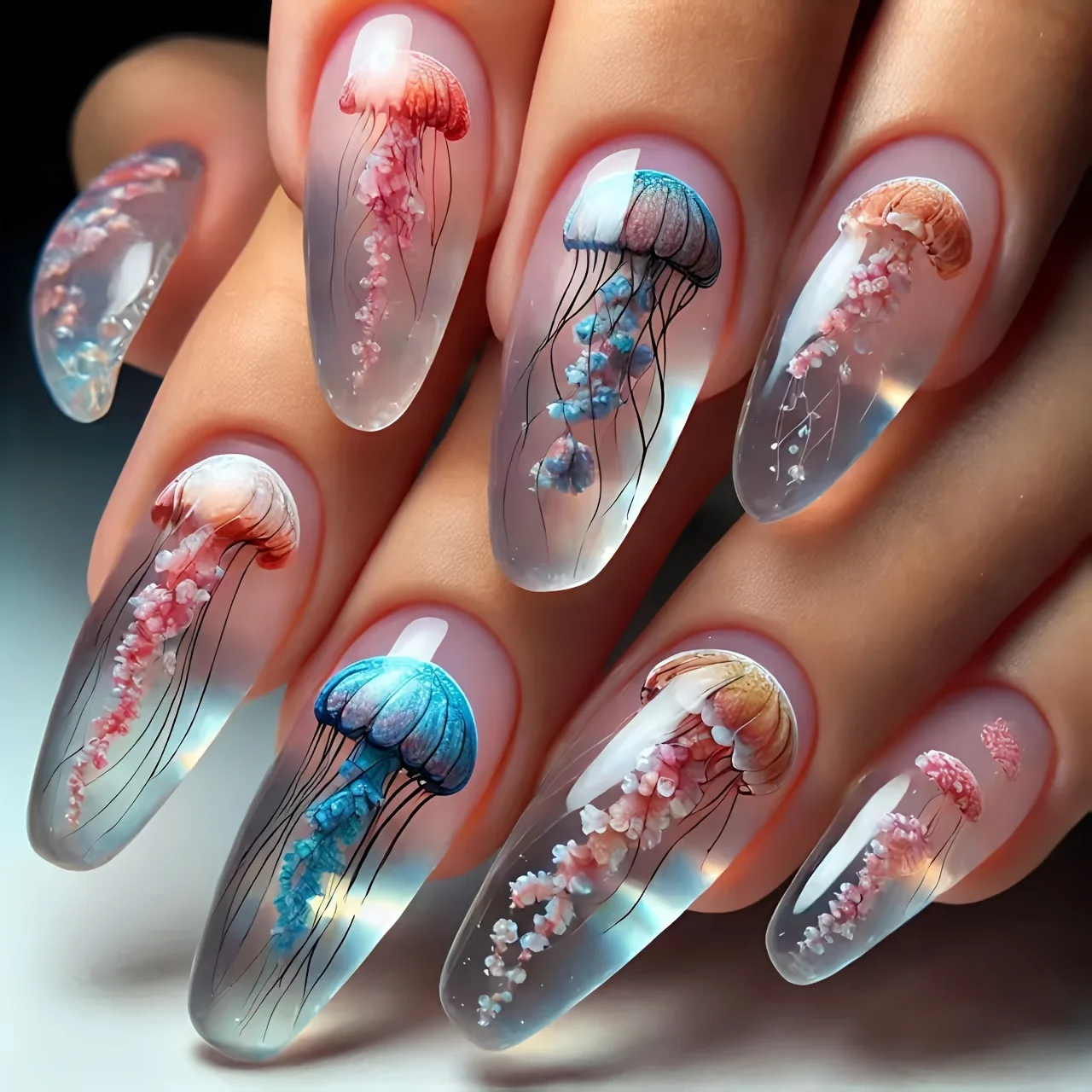 24pcs/set Medium long fake nails for women girls gradient Blue Ocean fish water plans jellyfish flowers press on false nail art Gradient Blue Ocean Press On Nails – 24pcs/set Medium long fake nails for women girls gradient Blue Ocean fish water plans jellyfish flowers press on false nail art