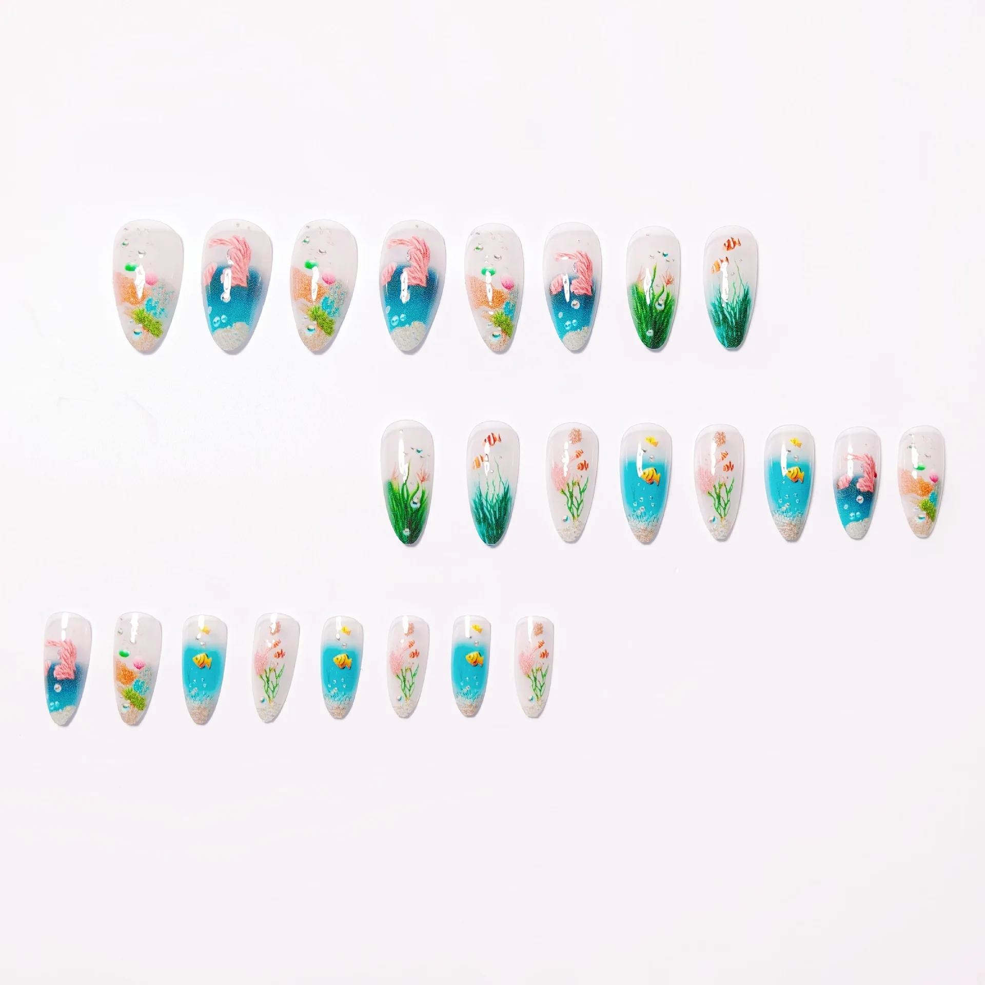 24pcs/set Medium long fake nails for women girls gradient Blue Ocean fish water plans jellyfish flowers press on false nail art Gradient Blue Ocean Press On Nails – 24pcs/set Medium long fake nails for women girls gradient Blue Ocean fish water plans jellyfish flowers press on false nail art