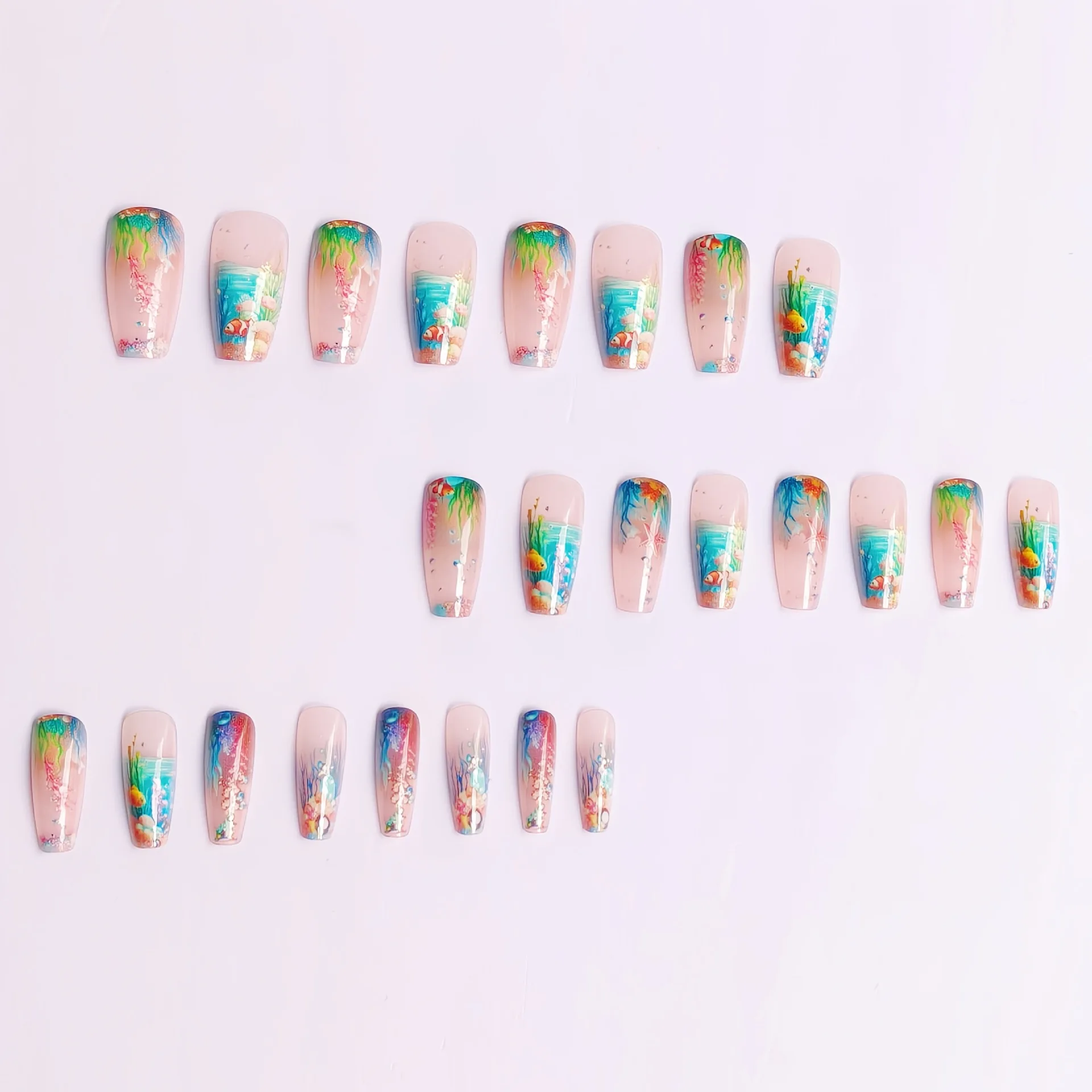24pcs/set Medium long fake nails for women girls gradient Blue Ocean fish water plans jellyfish flowers press on false nail art Gradient Blue Ocean Press On Nails – 24pcs/set Medium long fake nails for women girls gradient Blue Ocean fish water plans jellyfish flowers press on false nail art