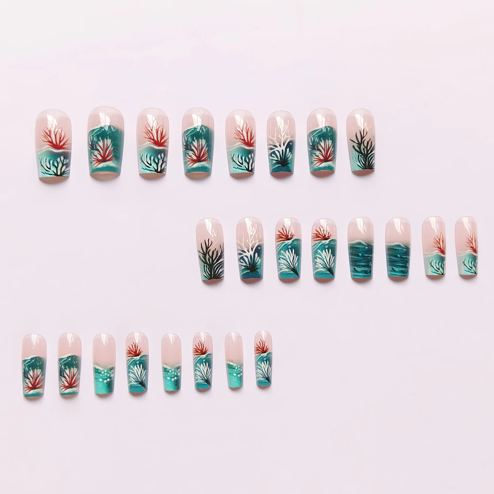 24pcs/set Medium long fake nails for women girls gradient Blue Ocean fish water plans jellyfish flowers press on false nail art Gradient Blue Ocean Press On Nails – 24pcs/set Medium long fake nails for women girls gradient Blue Ocean fish water plans jellyfish flowers press on false nail art