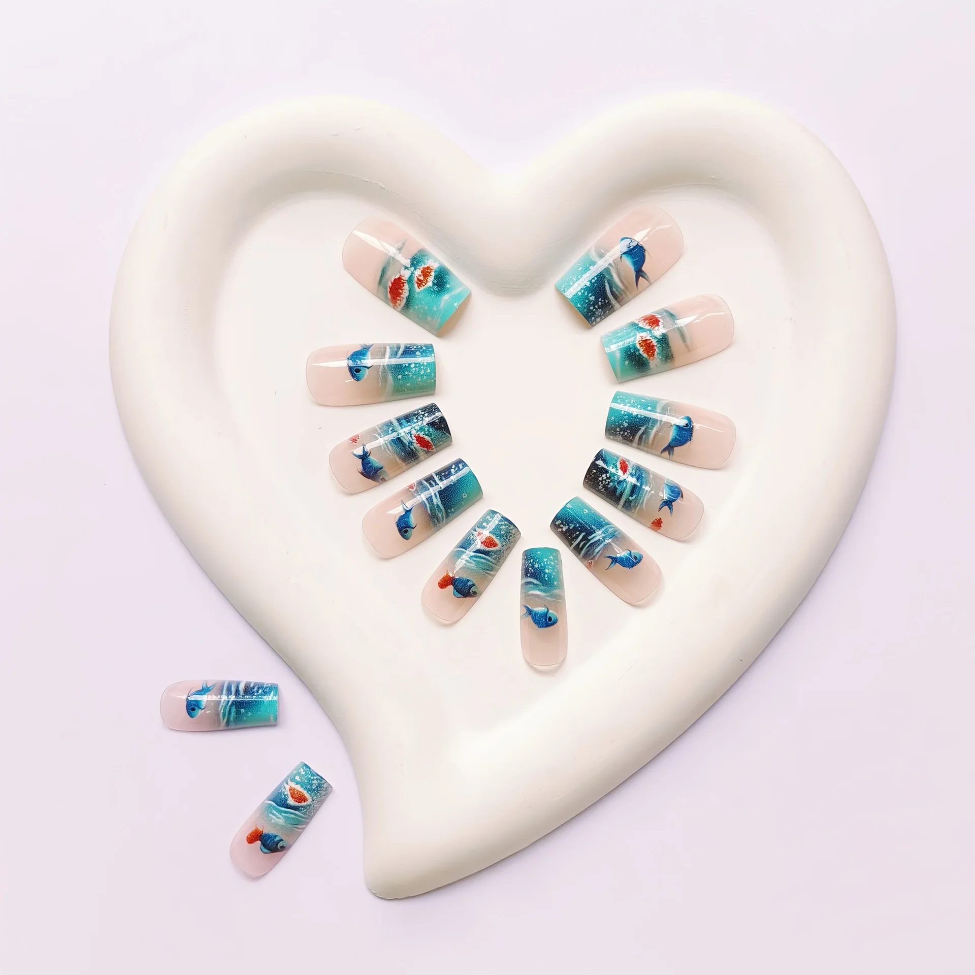 24pcs/set Medium long fake nails for women girls gradient Blue Ocean fish water plans jellyfish flowers press on false nail art Gradient Blue Ocean Press On Nails – 24pcs/set Medium long fake nails for women girls gradient Blue Ocean fish water plans jellyfish flowers press on false nail art