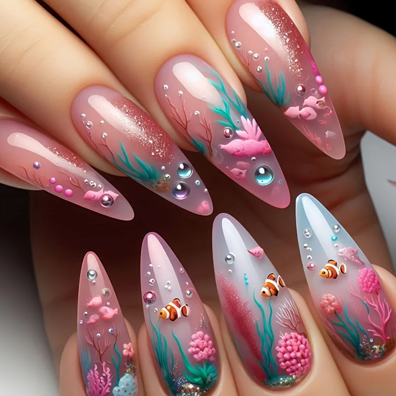 24pcs/set Medium long fake nails for women girls gradient Blue Ocean fish water plans jellyfish flowers press on false nail art Gradient Blue Ocean Press On Nails – 24pcs/set Medium long fake nails for women girls gradient Blue Ocean fish water plans jellyfish flowers press on false nail art