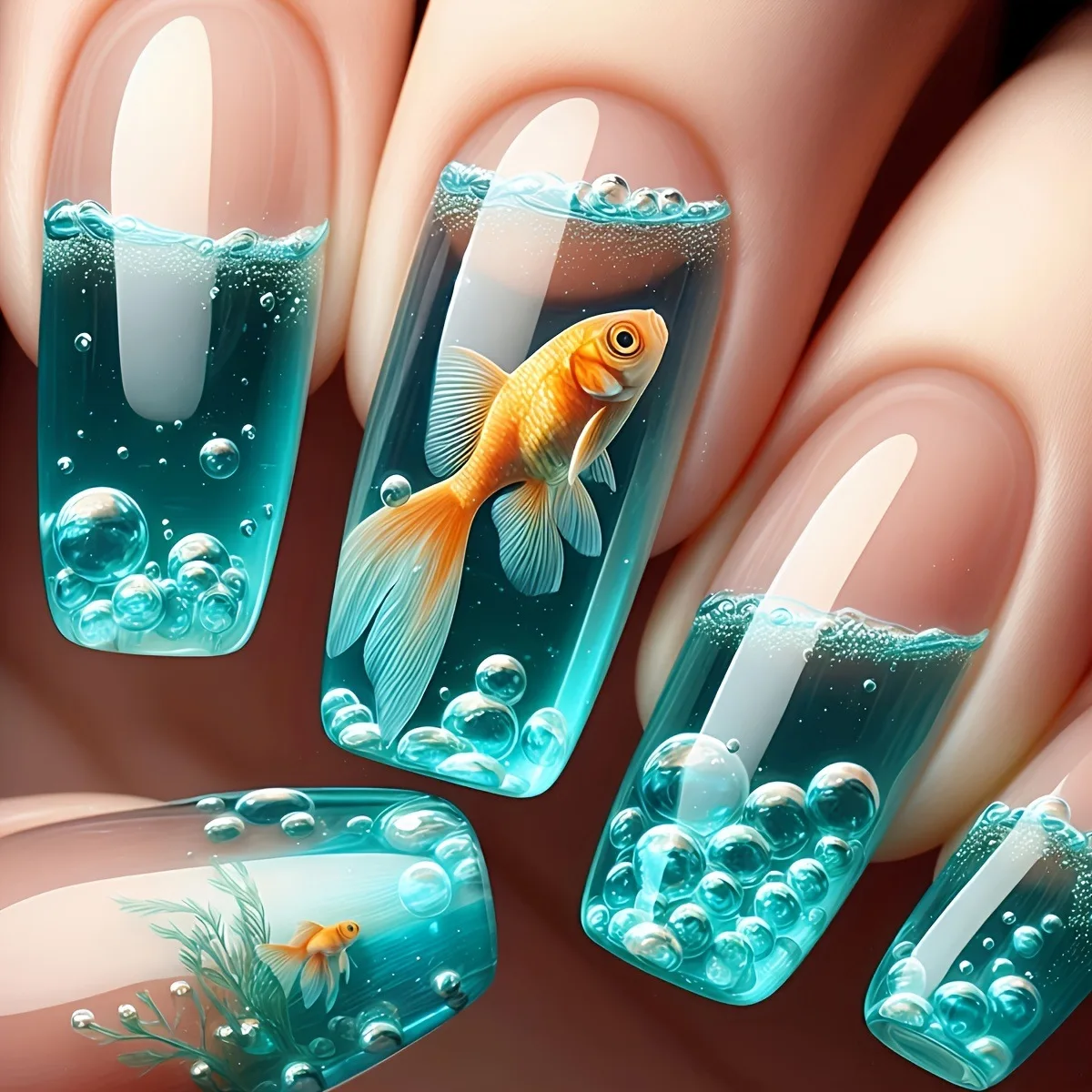 24pcs/set Medium long fake nails for women girls gradient Blue Ocean fish water plans jellyfish flowers press on false nail art Gradient Blue Ocean Press On Nails – 24pcs/set Medium long fake nails for women girls gradient Blue Ocean fish water plans jellyfish flowers press on false nail art