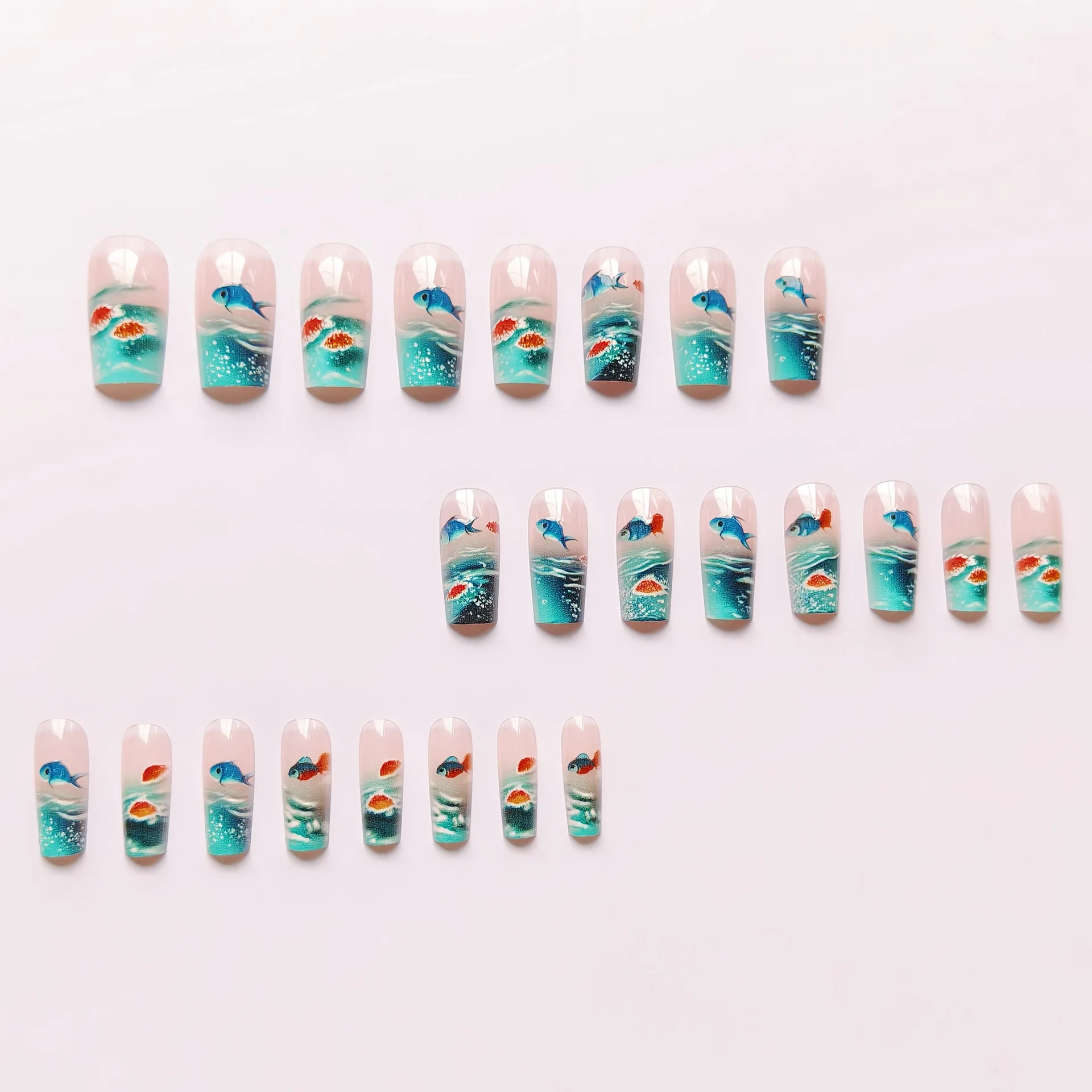 24pcs/set Medium long fake nails for women girls gradient Blue Ocean fish water plans jellyfish flowers press on false nail art Gradient Blue Ocean Press On Nails – 24pcs/set Medium long fake nails for women girls gradient Blue Ocean fish water plans jellyfish flowers press on false nail art