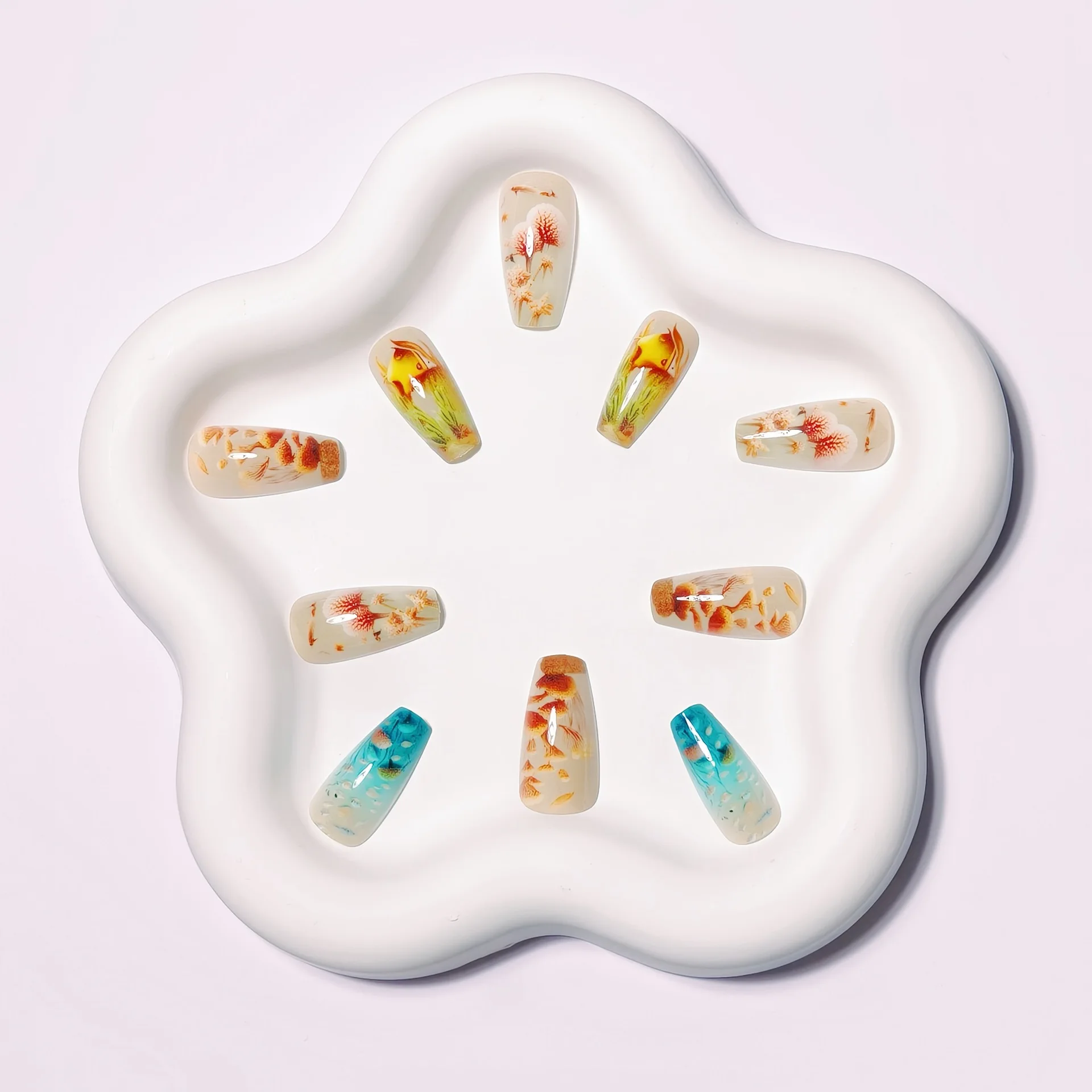 24pcs/set Medium long fake nails for women girls gradient Blue Ocean fish water plans jellyfish flowers press on false nail art Gradient Blue Ocean Press On Nails – 24pcs/set Medium long fake nails for women girls gradient Blue Ocean fish water plans jellyfish flowers press on false nail art
