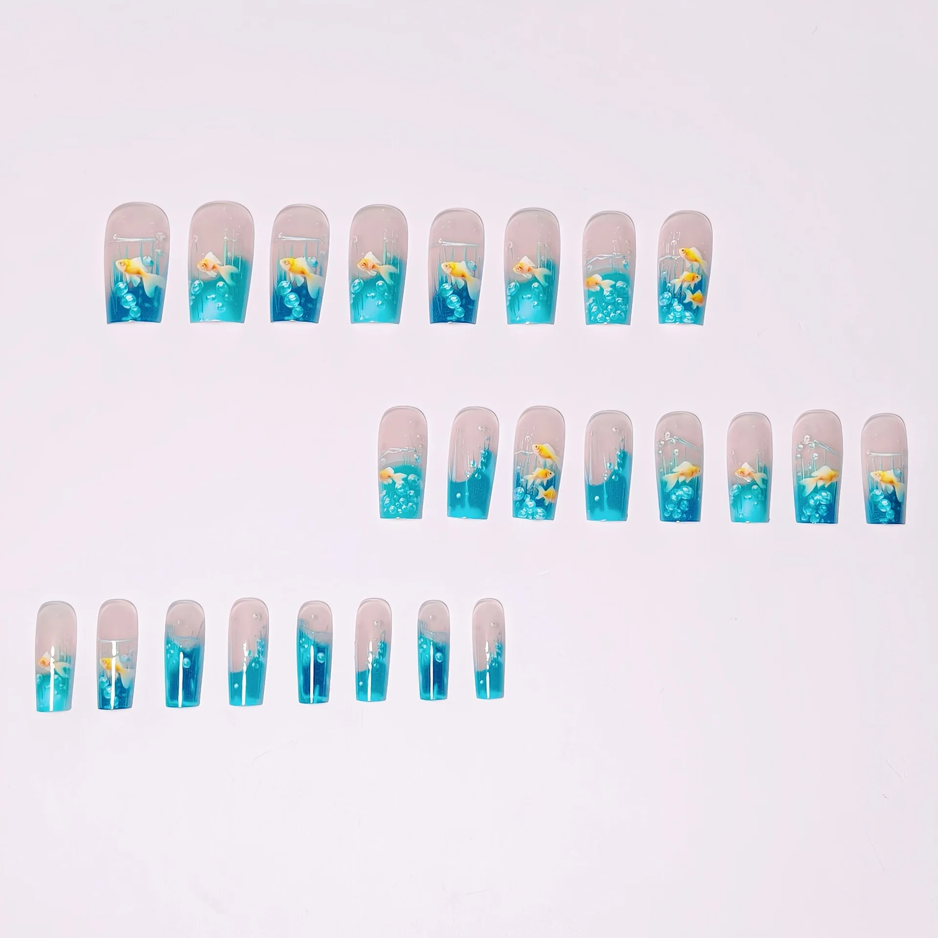 24pcs/set Medium long fake nails for women girls gradient Blue Ocean fish water plans jellyfish flowers press on false nail art Gradient Blue Ocean Press On Nails – 24pcs/set Medium long fake nails for women girls gradient Blue Ocean fish water plans jellyfish flowers press on false nail art