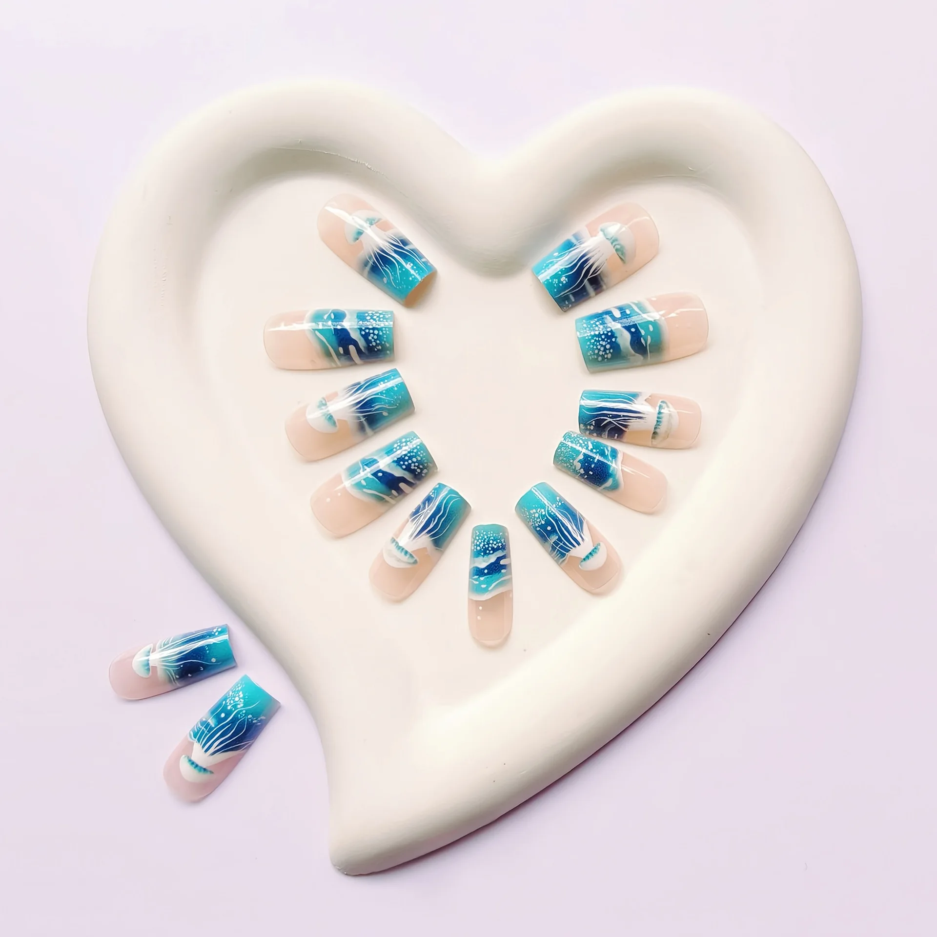 24pcs/set Medium long fake nails for women girls gradient Blue Ocean fish water plans jellyfish flowers press on false nail art Gradient Blue Ocean Press On Nails – 24pcs/set Medium long fake nails for women girls gradient Blue Ocean fish water plans jellyfish flowers press on false nail art