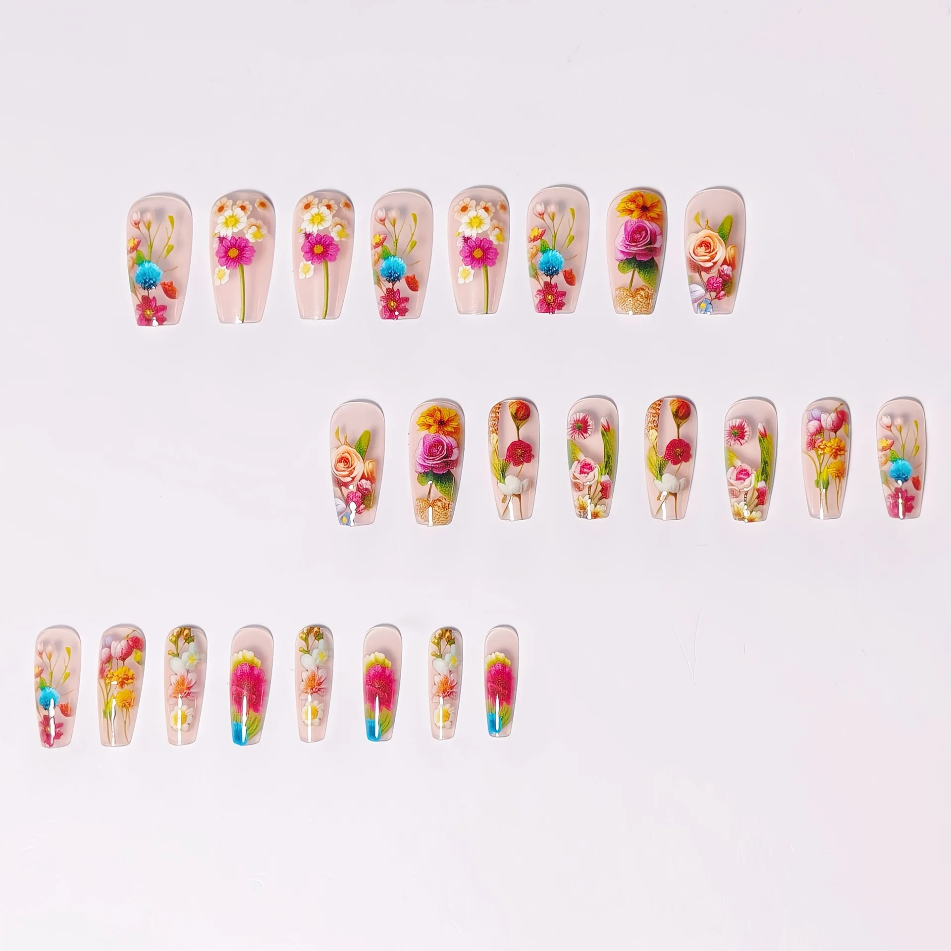 24pcs/set Medium long fake nails for women girls gradient Blue Ocean fish water plans jellyfish flowers press on false nail art Gradient Blue Ocean Press On Nails – 24pcs/set Medium long fake nails for women girls gradient Blue Ocean fish water plans jellyfish flowers press on false nail art
