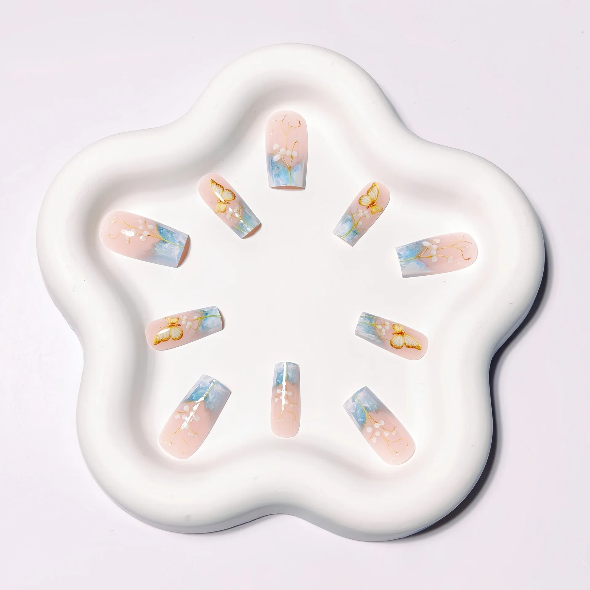 24pcs/set Medium long fake nails for women girls gradient Blue Ocean fish water plans jellyfish flowers press on false nail art Gradient Blue Ocean Press On Nails – 24pcs/set Medium long fake nails for women girls gradient Blue Ocean fish water plans jellyfish flowers press on false nail art
