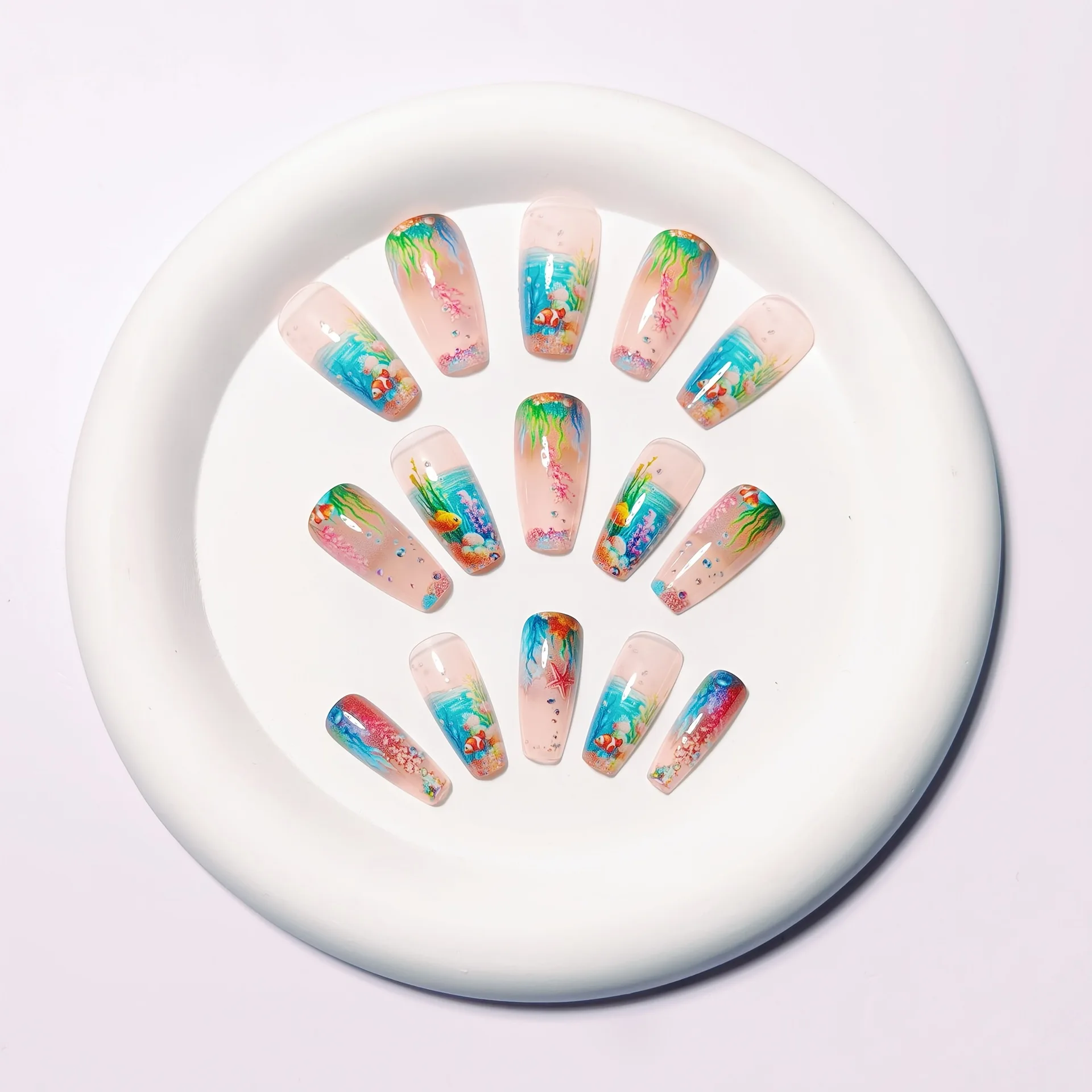 24pcs/set Medium long fake nails for women girls gradient Blue Ocean fish water plans jellyfish flowers press on false nail art Gradient Blue Ocean Press On Nails – 24pcs/set Medium long fake nails for women girls gradient Blue Ocean fish water plans jellyfish flowers press on false nail art