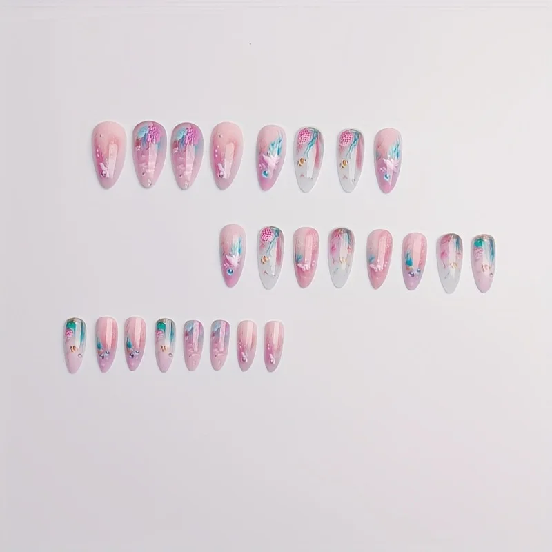 24pcs/set Medium long fake nails for women girls gradient Blue Ocean fish water plans jellyfish flowers press on false nail art Gradient Blue Ocean Press On Nails – 24pcs/set Medium long fake nails for women girls gradient Blue Ocean fish water plans jellyfish flowers press on false nail art