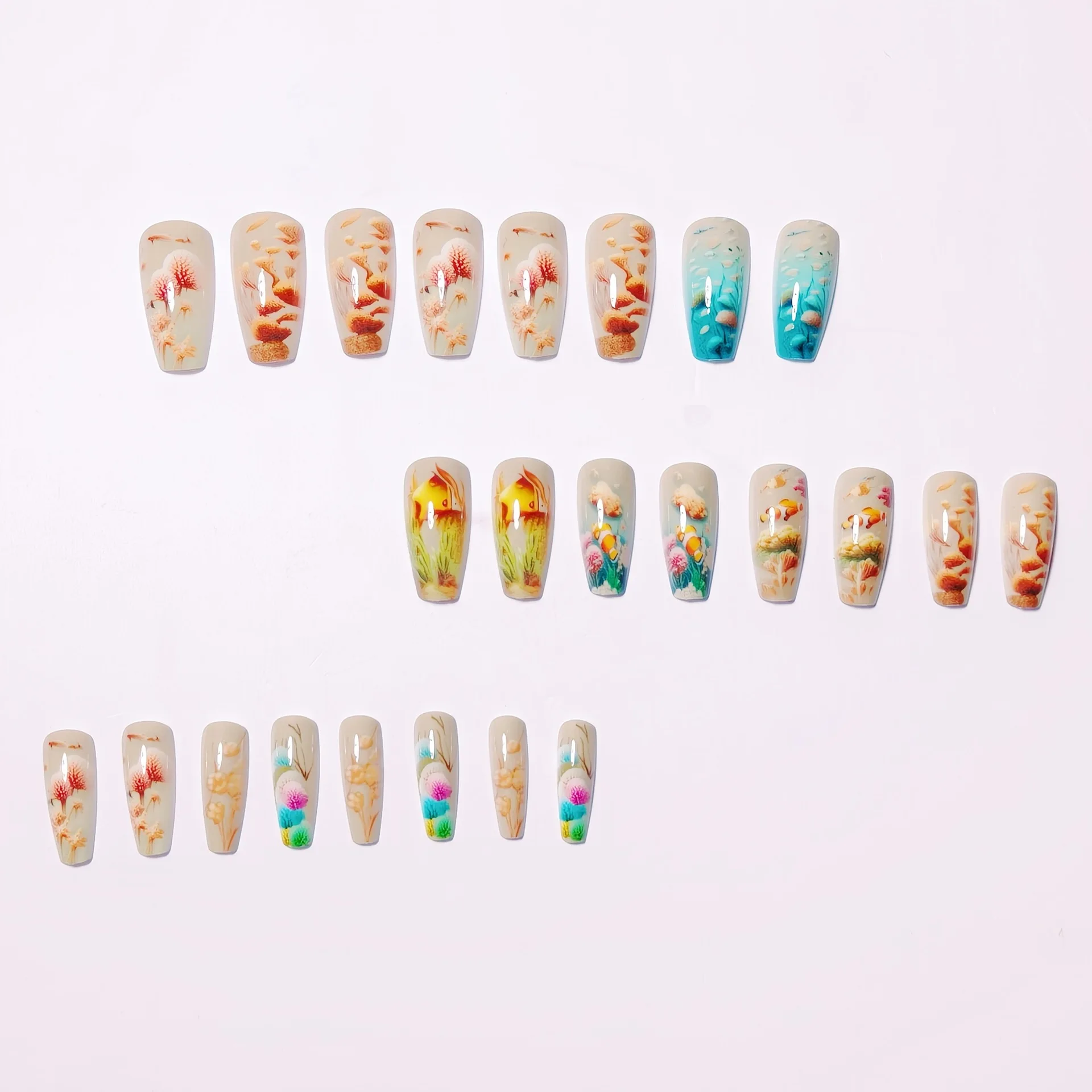 24pcs/set Medium long fake nails for women girls gradient Blue Ocean fish water plans jellyfish flowers press on false nail art Gradient Blue Ocean Press On Nails – 24pcs/set Medium long fake nails for women girls gradient Blue Ocean fish water plans jellyfish flowers press on false nail art