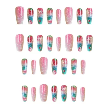 Strawberry Pink Duck Press On Nails – 24 Reusable Medium Length Sweets & Summer Design Set 2 96245 trtsey