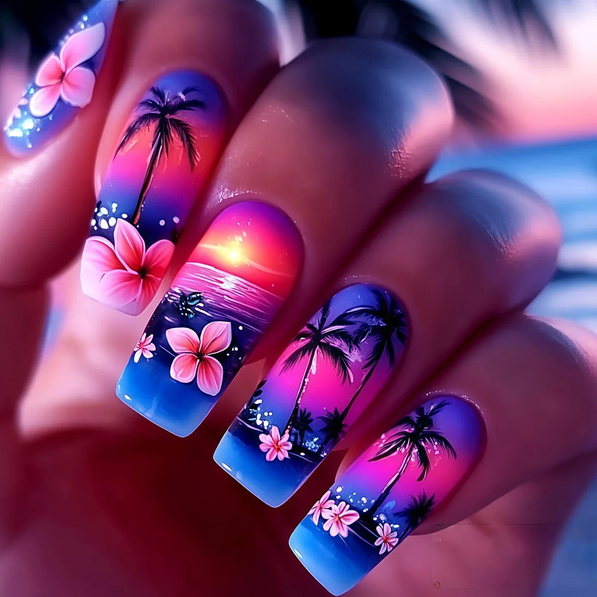 24pcs/set Medium long fake nails for Summer Autumn Winter gradient purple blue starry sky sunset flower y2k press on false nails 24pcs/set Medium long fake nails for Summer Autumn Winter gradient purple blue starry sky sunset flower y2k press on false nails