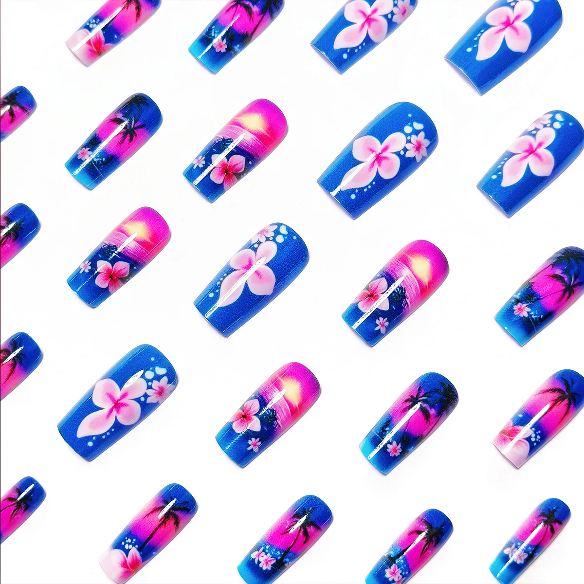 24pcs/set Medium long fake nails for Summer Autumn Winter gradient purple blue starry sky sunset flower y2k press on false nails 24pcs/set Medium long fake nails for Summer Autumn Winter gradient purple blue starry sky sunset flower y2k press on false nails