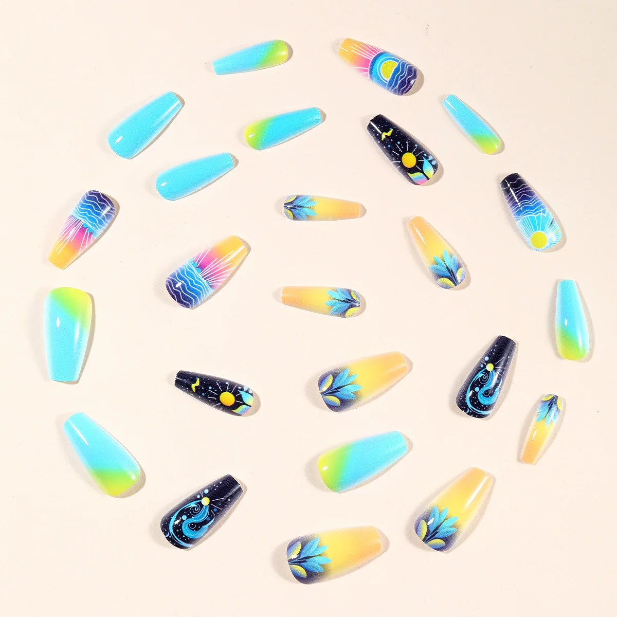 24pcs/set Medium long fake nails for Summer Autumn Winter gradient purple blue starry sky sunset flower y2k press on false nails 24pcs/set Medium long fake nails for Summer Autumn Winter gradient purple blue starry sky sunset flower y2k press on false nails