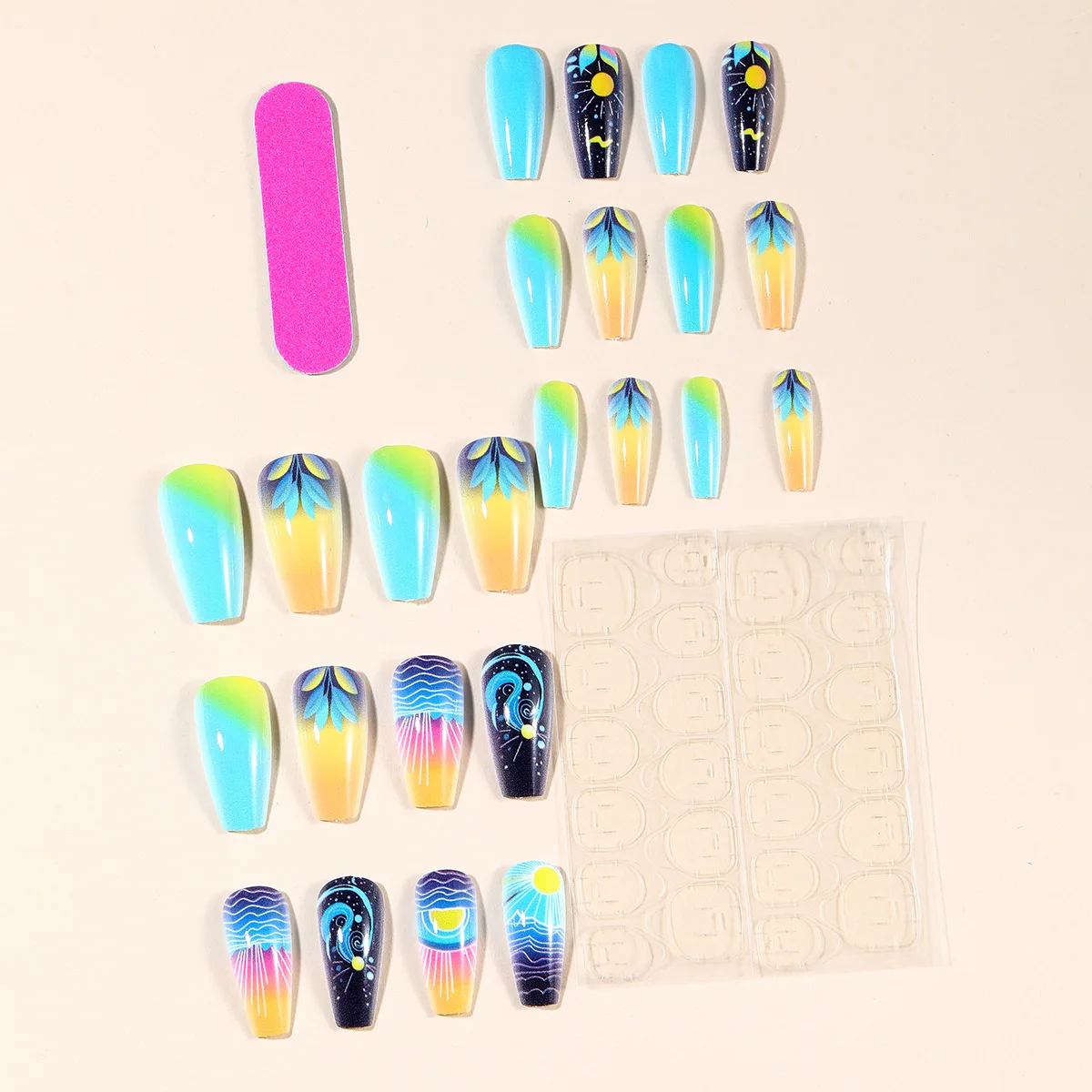 24pcs/set Medium long fake nails for Summer Autumn Winter gradient purple blue starry sky sunset flower y2k press on false nails 24pcs/set Medium long fake nails for Summer Autumn Winter gradient purple blue starry sky sunset flower y2k press on false nails