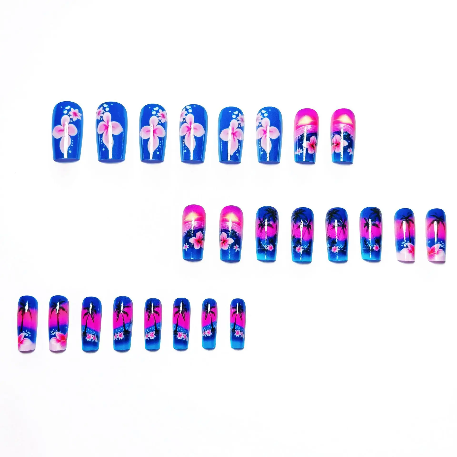 24pcs/set Medium long fake nails for Summer Autumn Winter gradient purple blue starry sky sunset flower y2k press on false nails 24pcs/set Medium long fake nails for Summer Autumn Winter gradient purple blue starry sky sunset flower y2k press on false nails