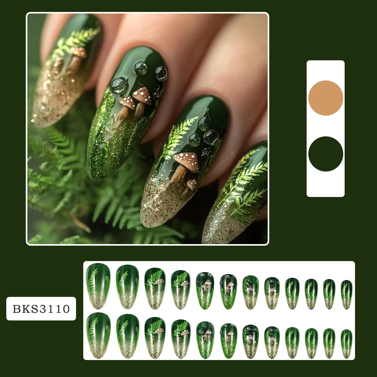 24pcs Glossy Almond False Nails Dark Green Forest Mushroom Pattern Press On Nails Gold Sequins French Style Wearable Fake Nail Dark Green Almond Press On Nails - 24pcs Glossy Almond False Nails Dark Green Forest Mushroom Pattern Press On Nails Gold Sequins French Style Wearable Fake Nail