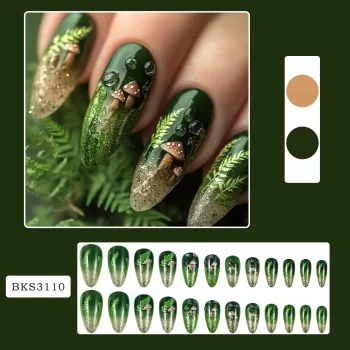 Dark Green Almond Press On Nails with Mushroom Design – 24 Glossy French Style Tips with Gold Sequins 1 96276 cwy1fz