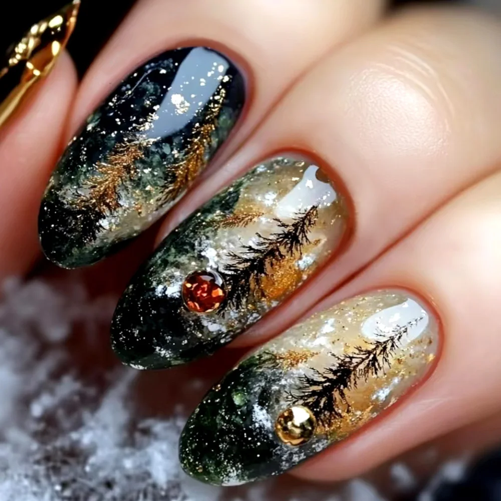 24pcs Glossy Almond False Nails Dark Green Forest Mushroom Pattern Press On Nails Gold Sequins French Style Wearable Fake Nail Dark Green Almond Press On Nails - 24pcs Glossy Almond False Nails Dark Green Forest Mushroom Pattern Press On Nails Gold Sequins French Style Wearable Fake Nail