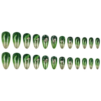 Dark Green Almond Press On Nails with Mushroom Design – 24 Glossy French Style Tips with Gold Sequins 2 96276 vkdblq