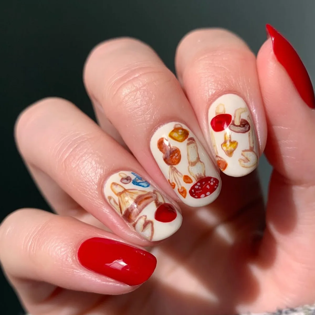 24pcs Glossy Almond False Nails Dark Green Forest Mushroom Pattern Press On Nails Gold Sequins French Style Wearable Fake Nail Dark Green Almond Press On Nails - 24pcs Glossy Almond False Nails Dark Green Forest Mushroom Pattern Press On Nails Gold Sequins French Style Wearable Fake Nail