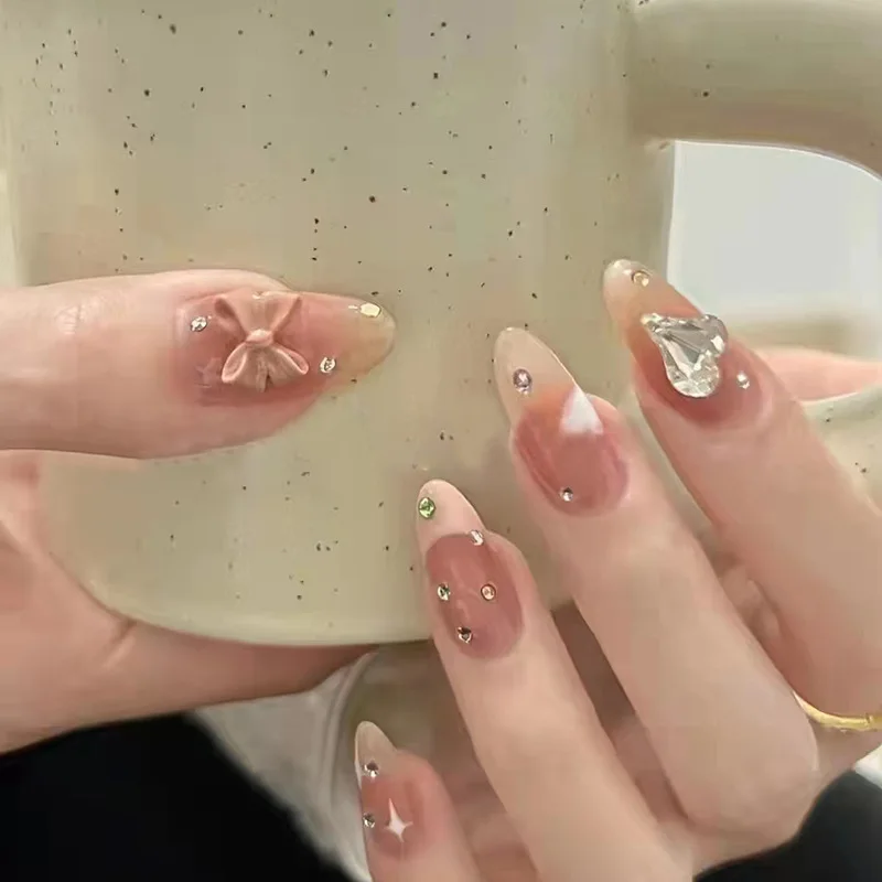 24Pcs French Almond False Nails Star Pattern Press on Fake Nail with 3D Flower Design Mid-length Detachable Full Cover Nail Tips French Almond Press On Nails 3D Flower - 24Pcs French Almond False Nails Star Pattern Press on Fake Nail with 3D Flower Design Mid-length Detachable Full Cover Nail Tips