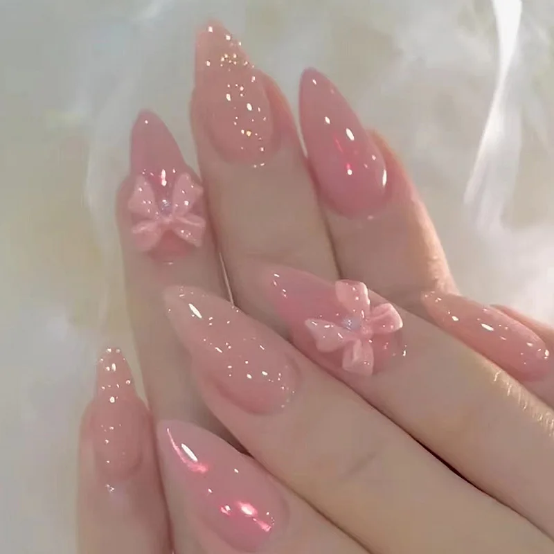 24Pcs French Almond False Nails Star Pattern Press on Fake Nail with 3D Flower Design Mid-length Detachable Full Cover Nail Tips French Almond Press On Nails 3D Flower - 24Pcs French Almond False Nails Star Pattern Press on Fake Nail with 3D Flower Design Mid-length Detachable Full Cover Nail Tips