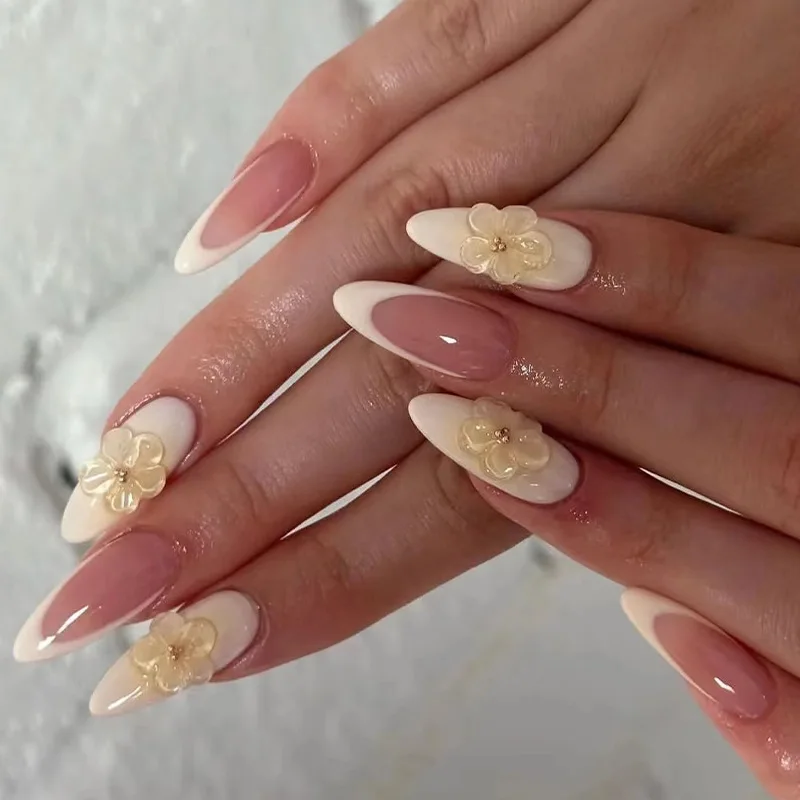 24Pcs French Almond False Nails Star Pattern Press on Fake Nail with 3D Flower Design Mid-length Detachable Full Cover Nail Tips French Almond Press On Nails 3D Flower - 24Pcs French Almond False Nails Star Pattern Press on Fake Nail with 3D Flower Design Mid-length Detachable Full Cover Nail Tips