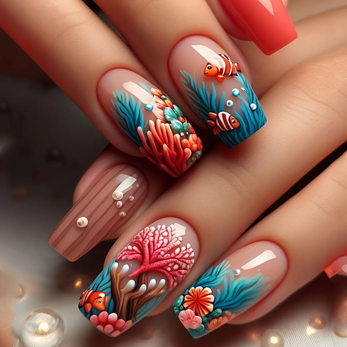 24pcs/set Medium long fake nails for women girls fashion ocean jellyfish turtle cute animals design press on false nail art tips Ocean Jellyfish And Turtle Press-On Nail Set - 24pcs/set Medium long fake nails for women girls fashion ocean jellyfish turtle cute animals design press on false nail art tips