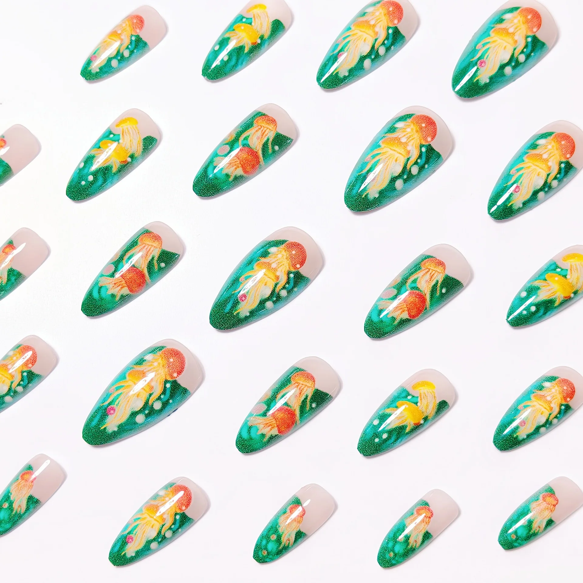 24pcs/set Medium long fake nails for women girls fashion ocean jellyfish turtle cute animals design press on false nail art tips Ocean Jellyfish And Turtle Press-On Nail Set - 24pcs/set Medium long fake nails for women girls fashion ocean jellyfish turtle cute animals design press on false nail art tips