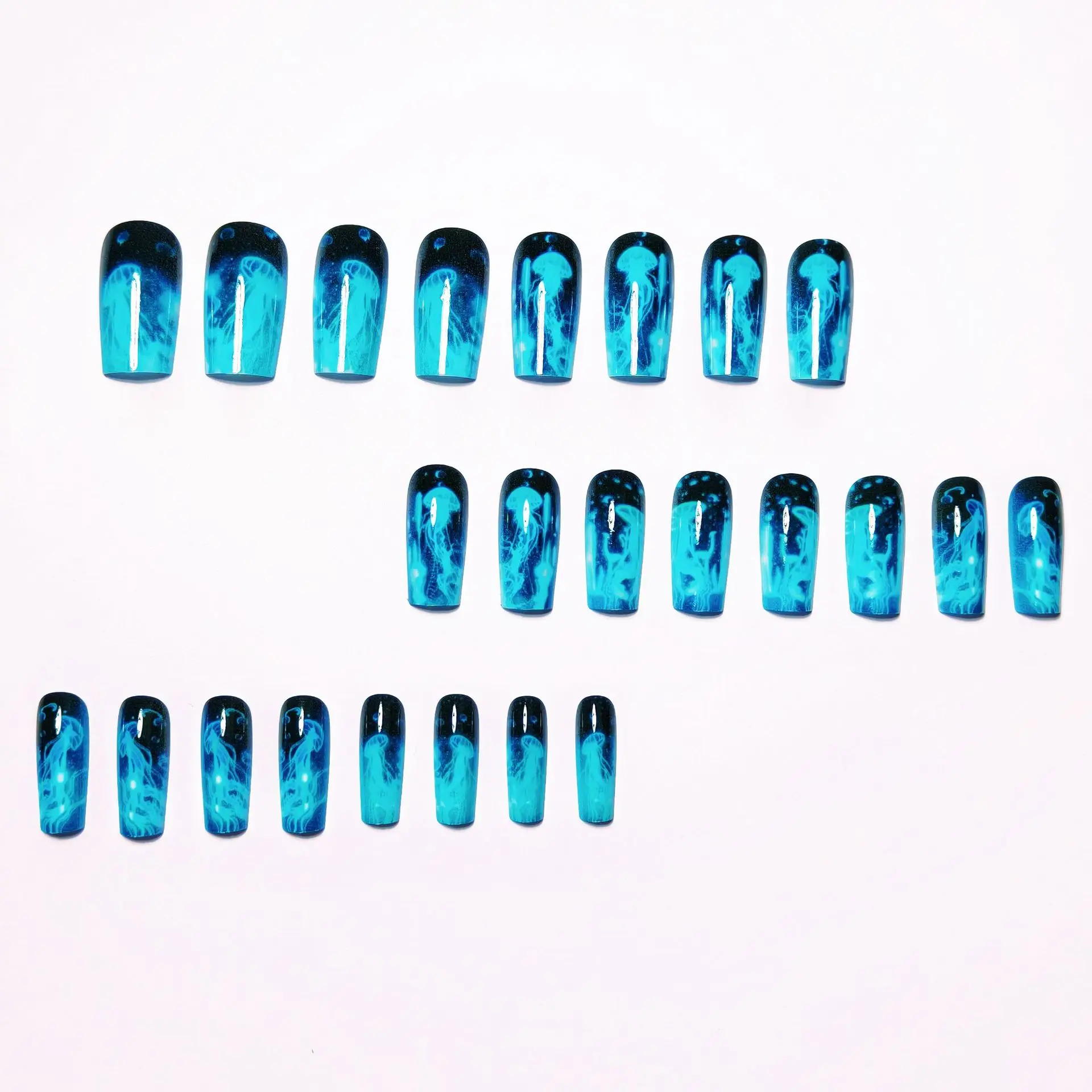 24pcs/set Medium long fake nails for women girls fashion ocean jellyfish turtle cute animals design press on false nail art tips Ocean Jellyfish And Turtle Press-On Nail Set - 24pcs/set Medium long fake nails for women girls fashion ocean jellyfish turtle cute animals design press on false nail art tips