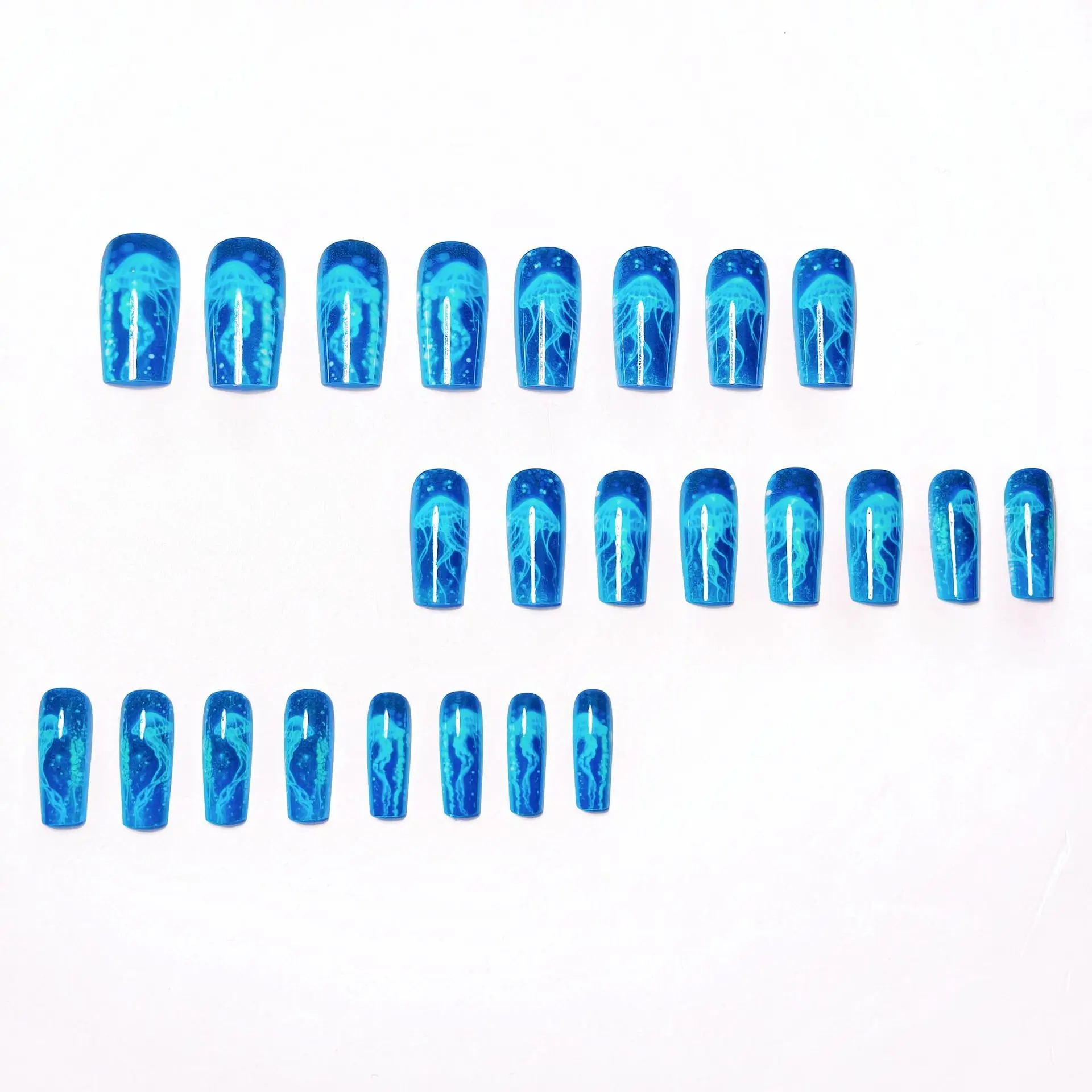 24pcs/set Medium long fake nails for women girls fashion ocean jellyfish turtle cute animals design press on false nail art tips Ocean Jellyfish And Turtle Press-On Nail Set - 24pcs/set Medium long fake nails for women girls fashion ocean jellyfish turtle cute animals design press on false nail art tips