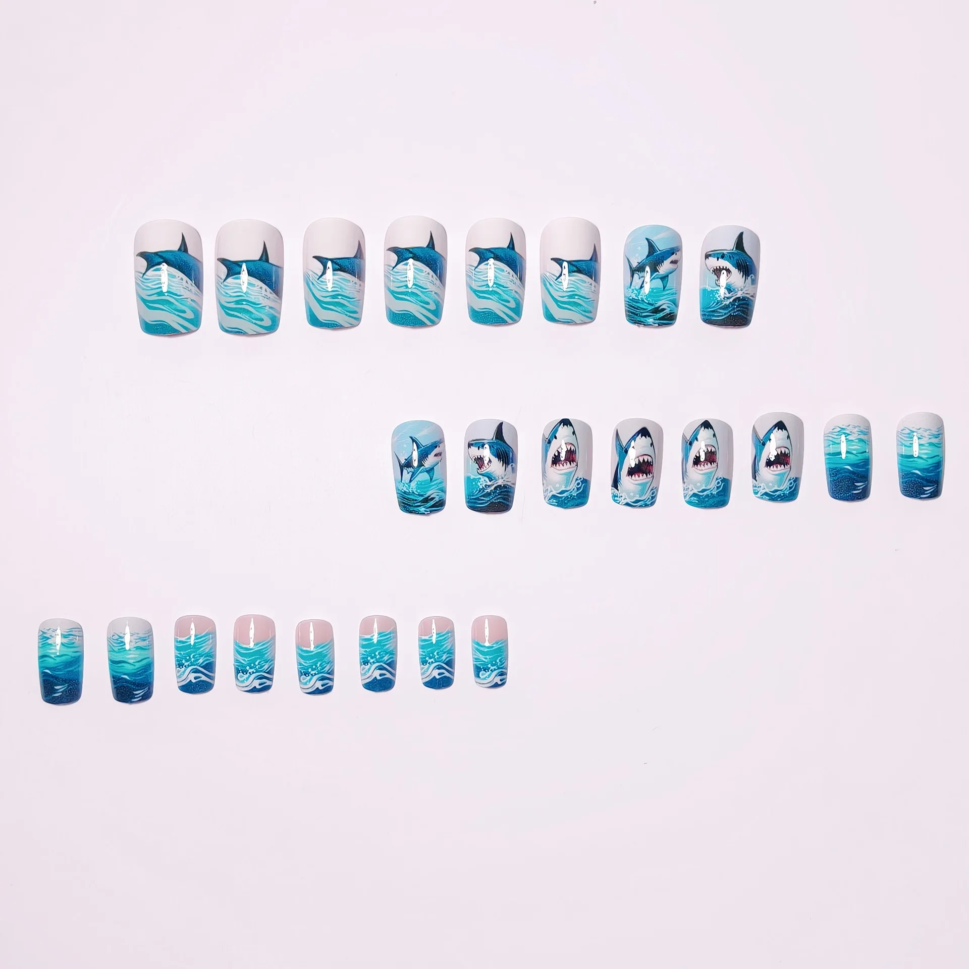 24pcs/set Medium long fake nails for women girls fashion ocean jellyfish turtle cute animals design press on false nail art tips Ocean Jellyfish And Turtle Press-On Nail Set - 24pcs/set Medium long fake nails for women girls fashion ocean jellyfish turtle cute animals design press on false nail art tips